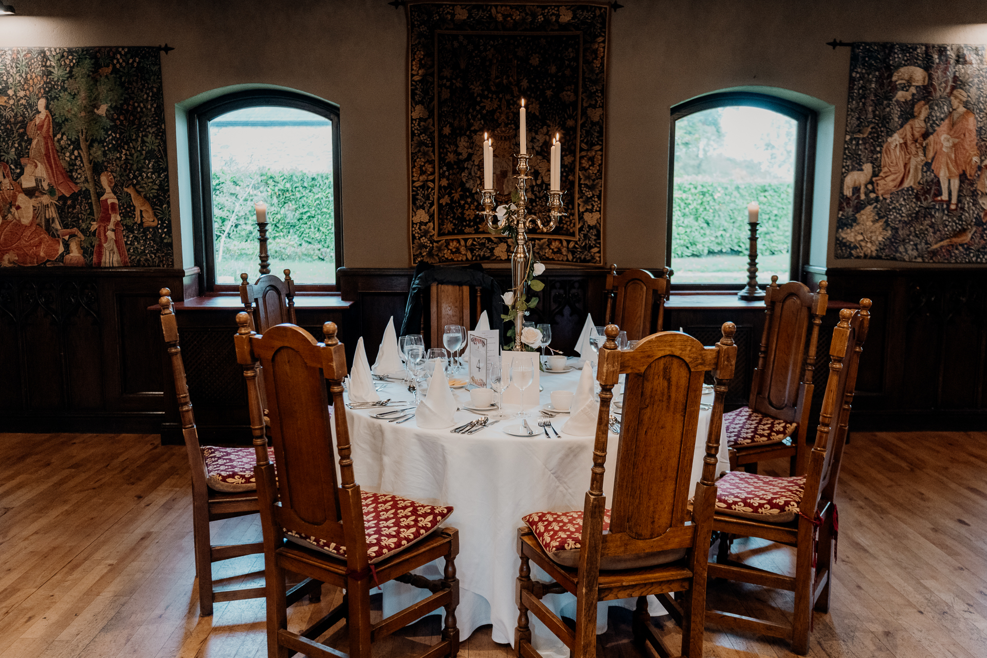 A dining table with chairs around it