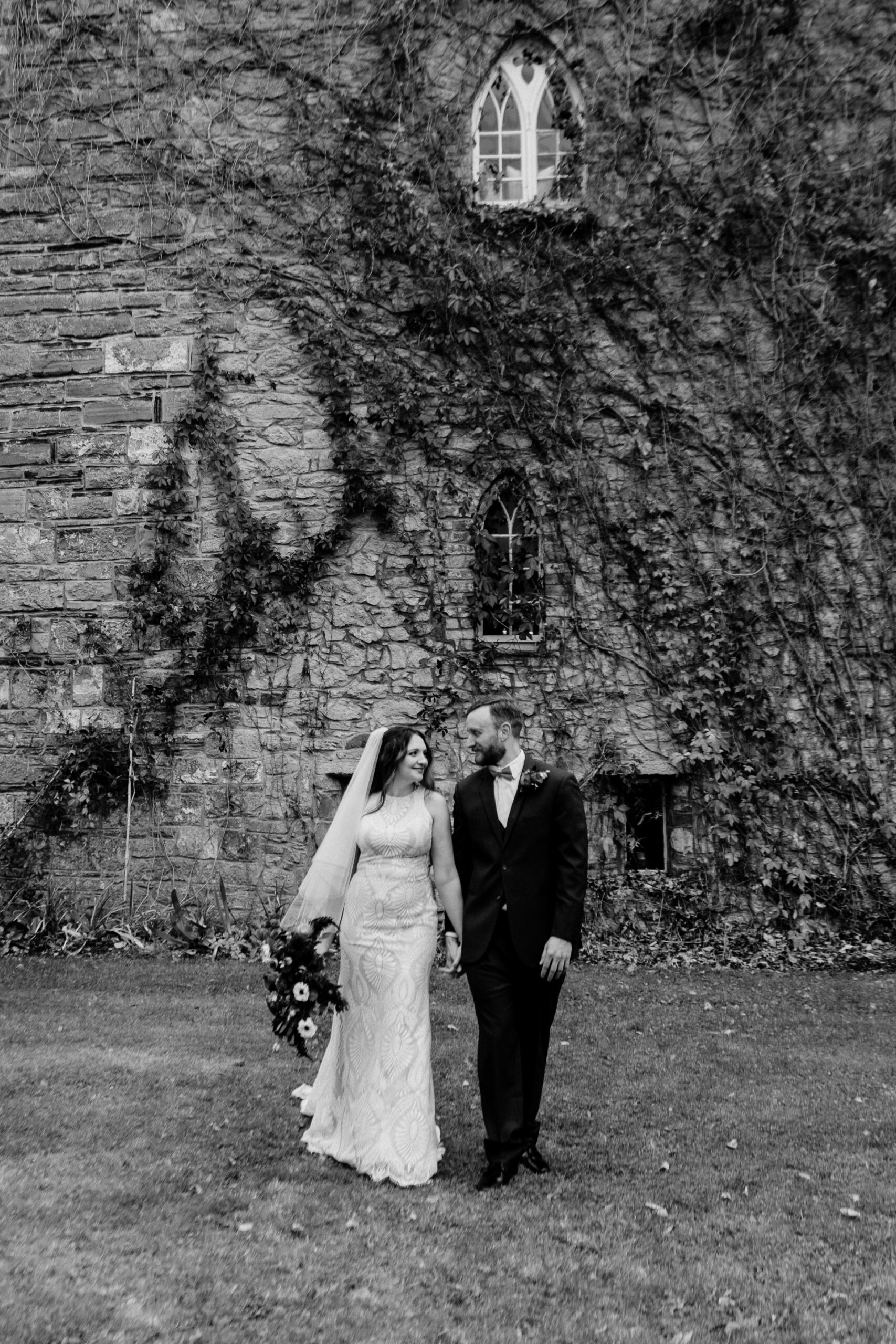 A bride and groom kissing