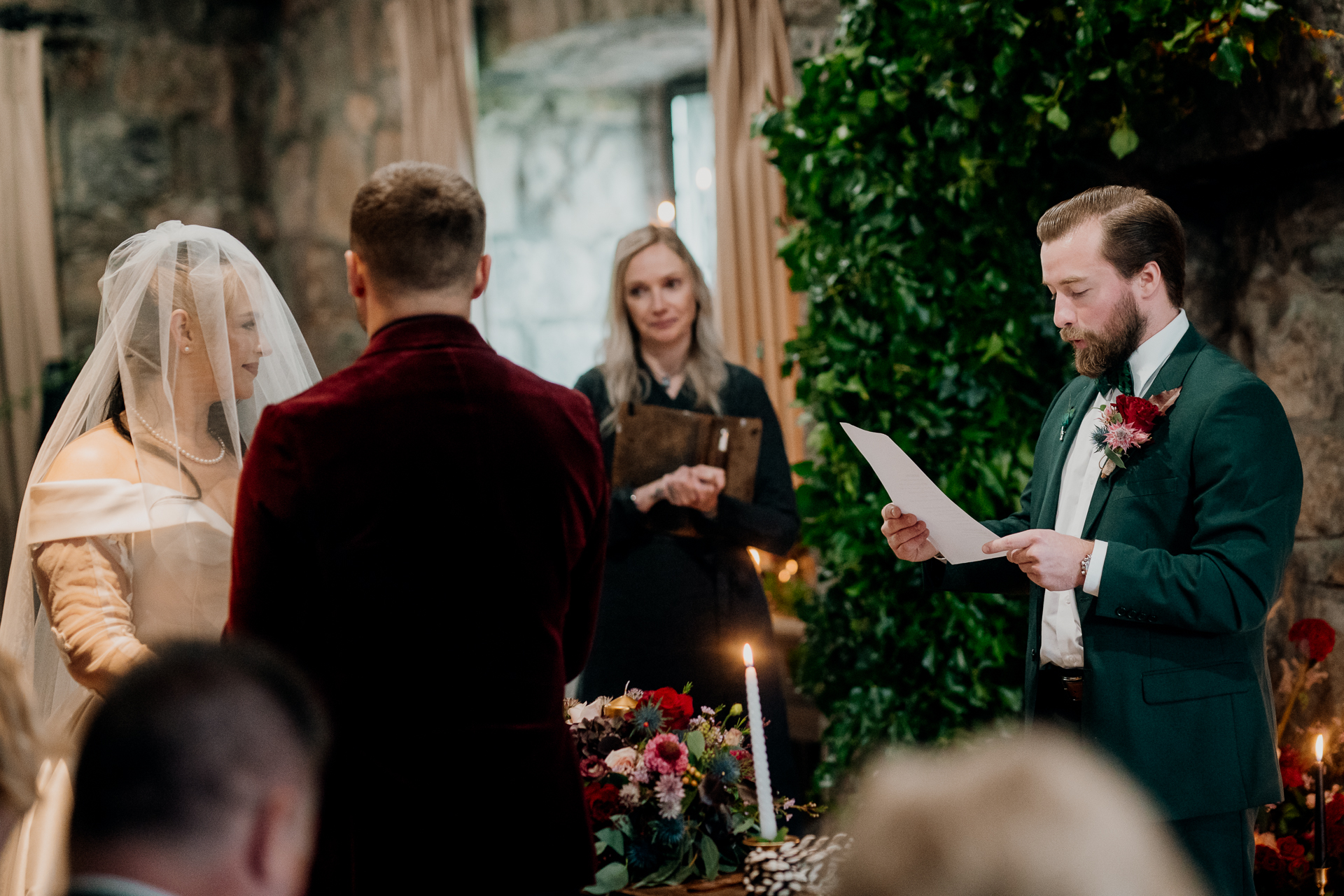 Wedding ceremony at Cloughan Castle, captured by Galway Wedding Photographer Wojciech Koza, highlighting the romantic setting and candid emotions.