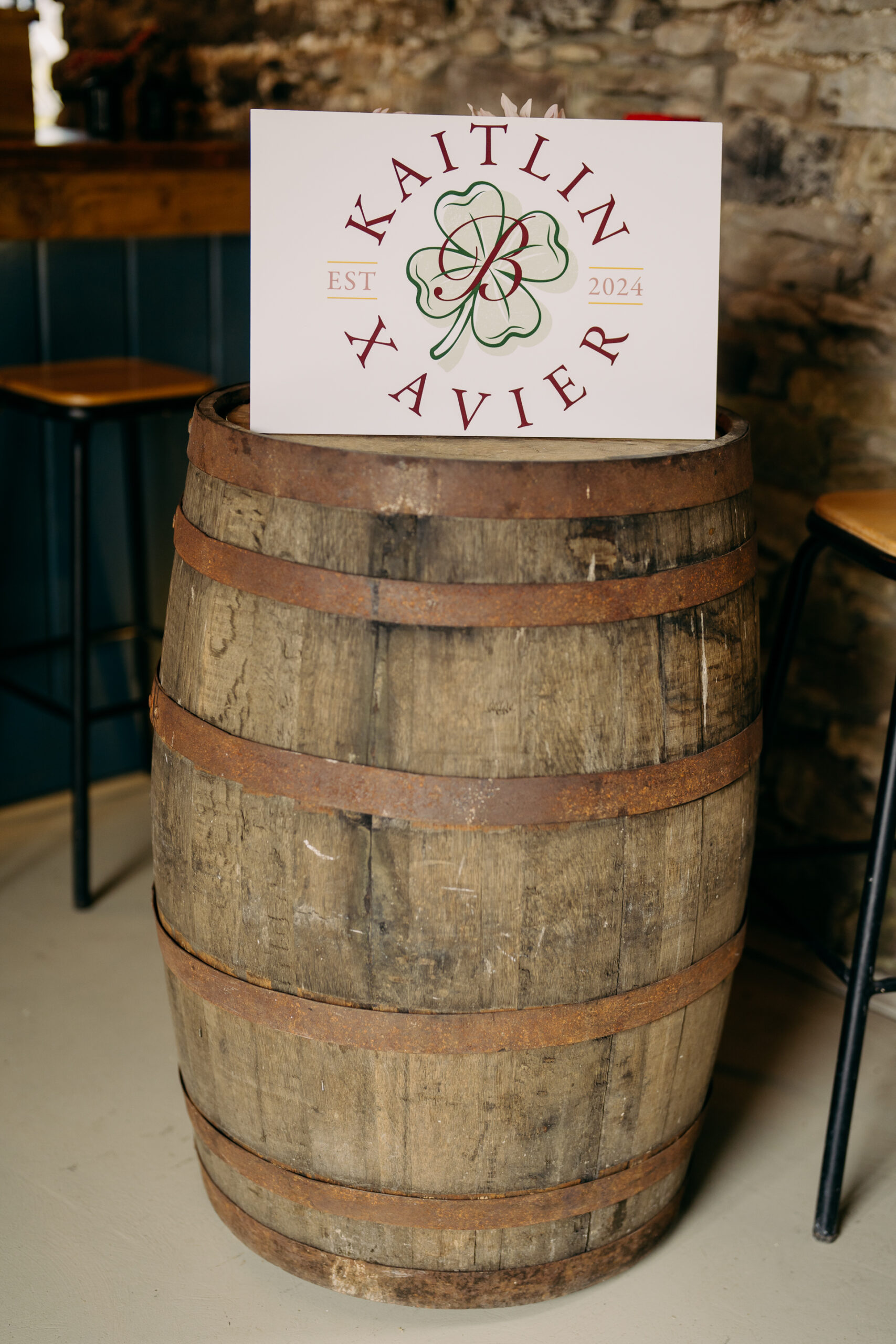 A barrel with a sign on it