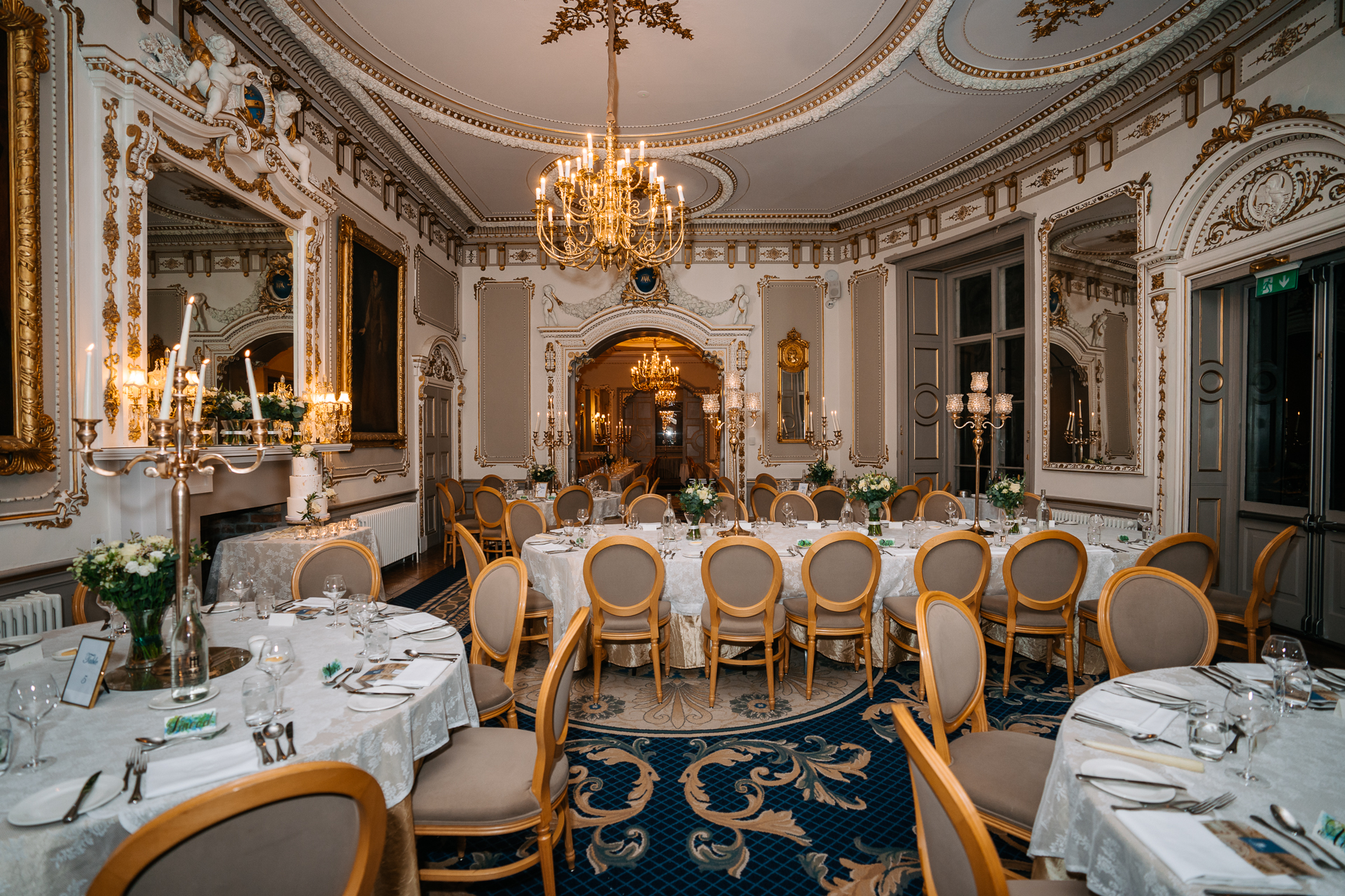 A dining room with tables set