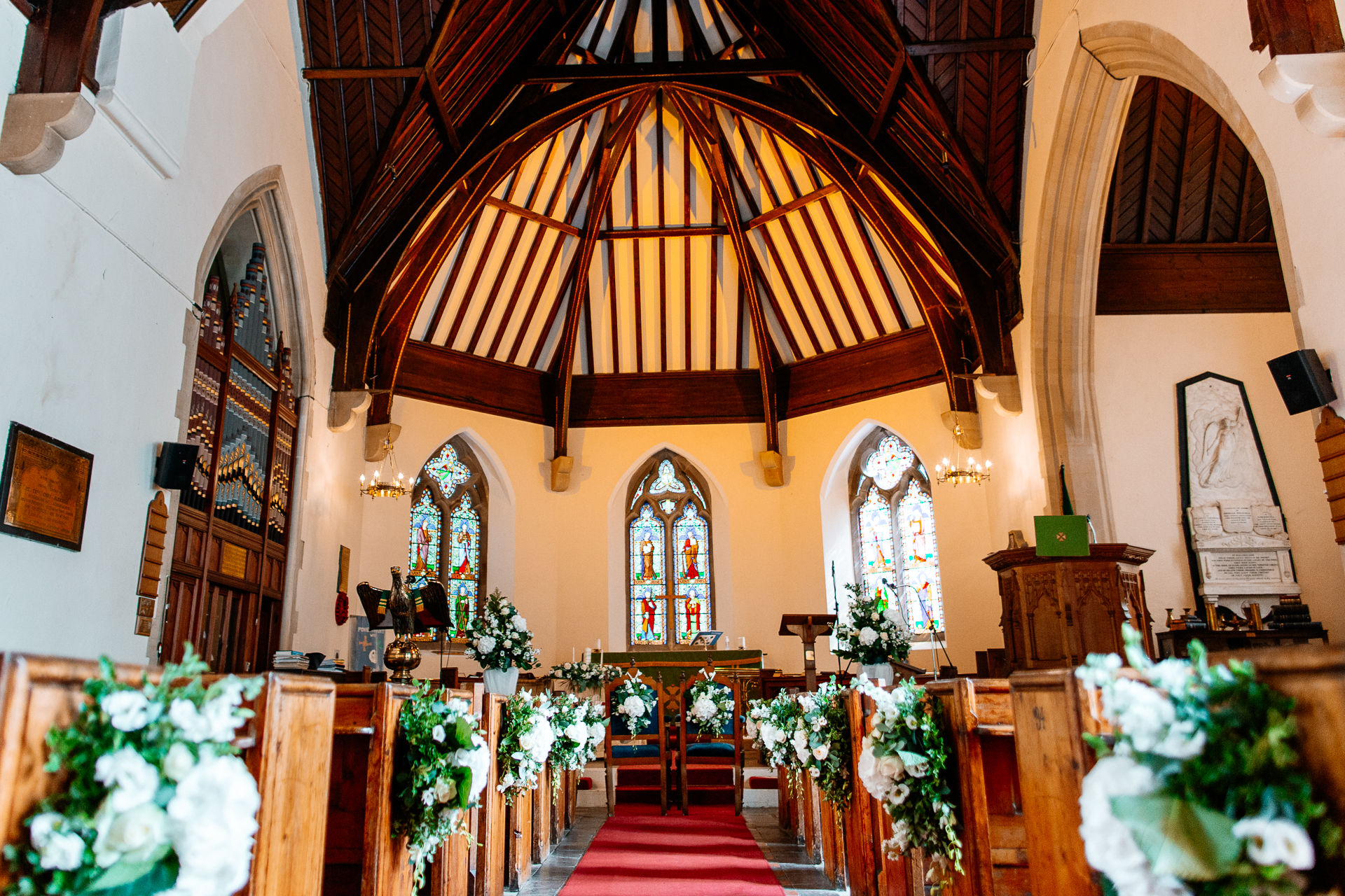 A church with a red carpet