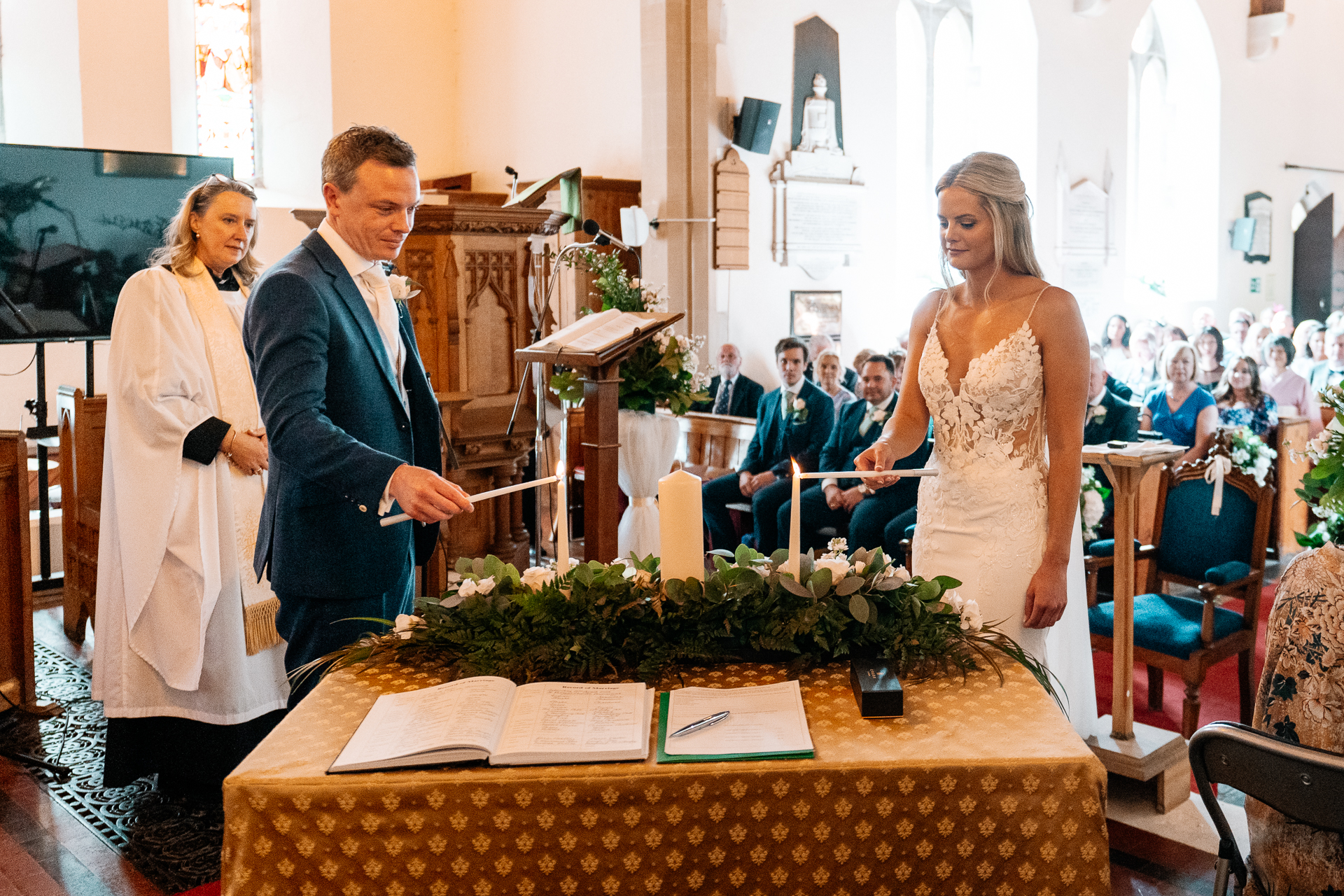 A man and woman in wedding attire