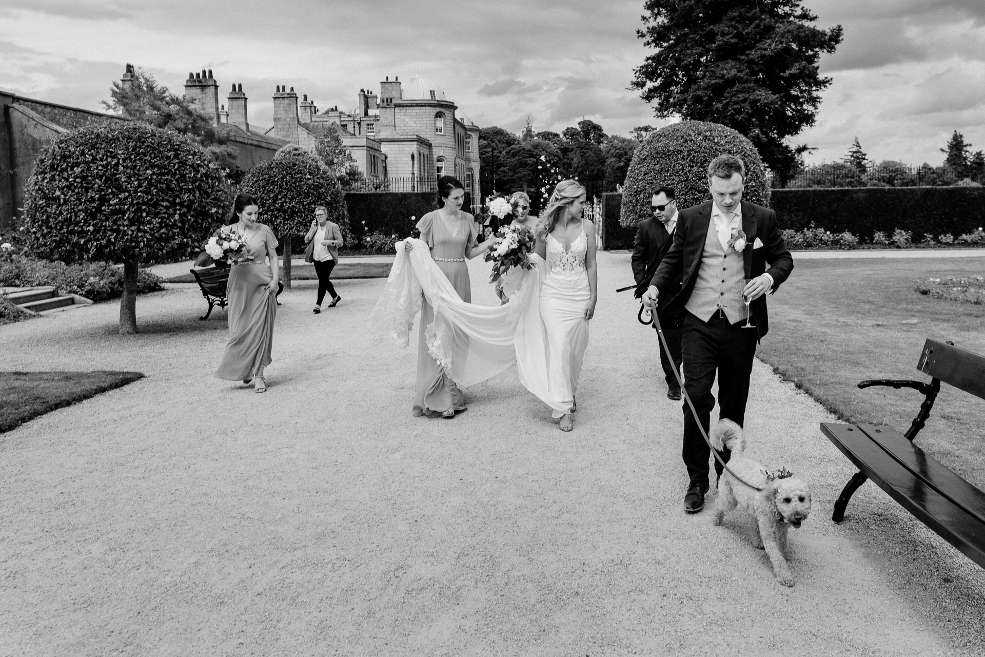 A bride and groom walking down the street with their dog