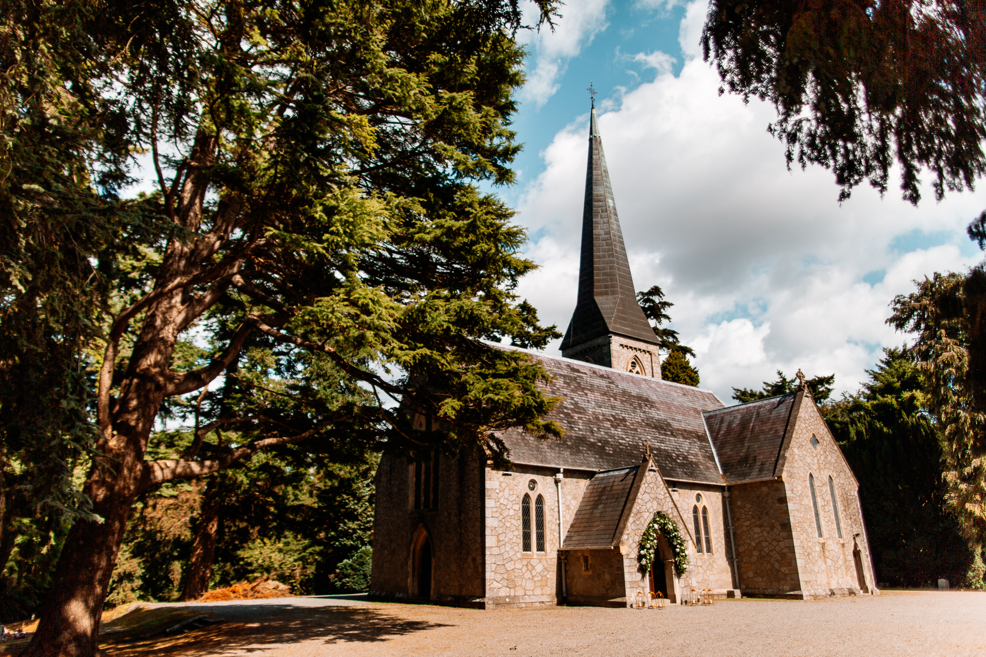 Wedding ceremony held at a historic church near Powerscourt House in Wicklow.