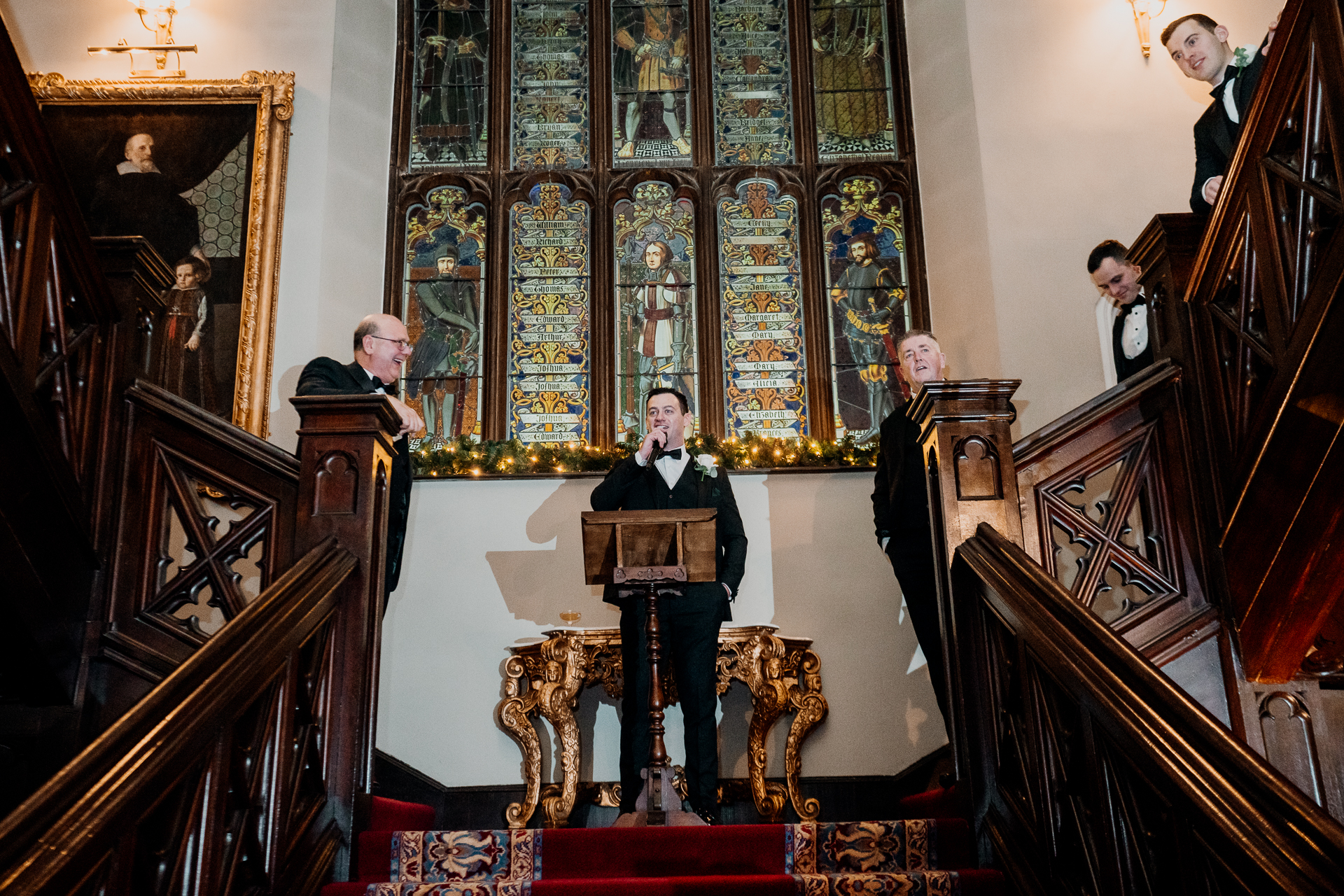A group of people standing on a staircase