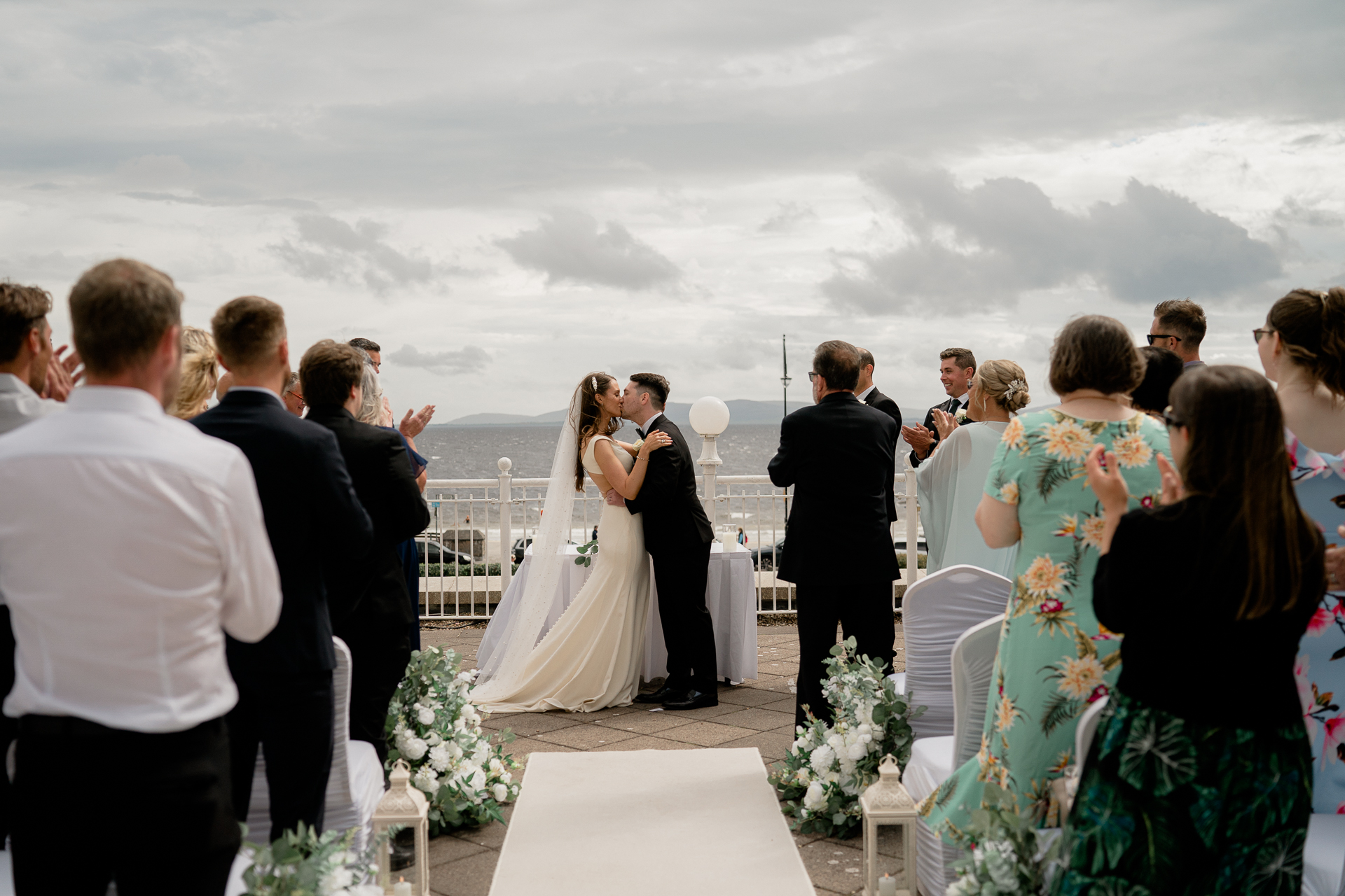 A bride and groom kissing