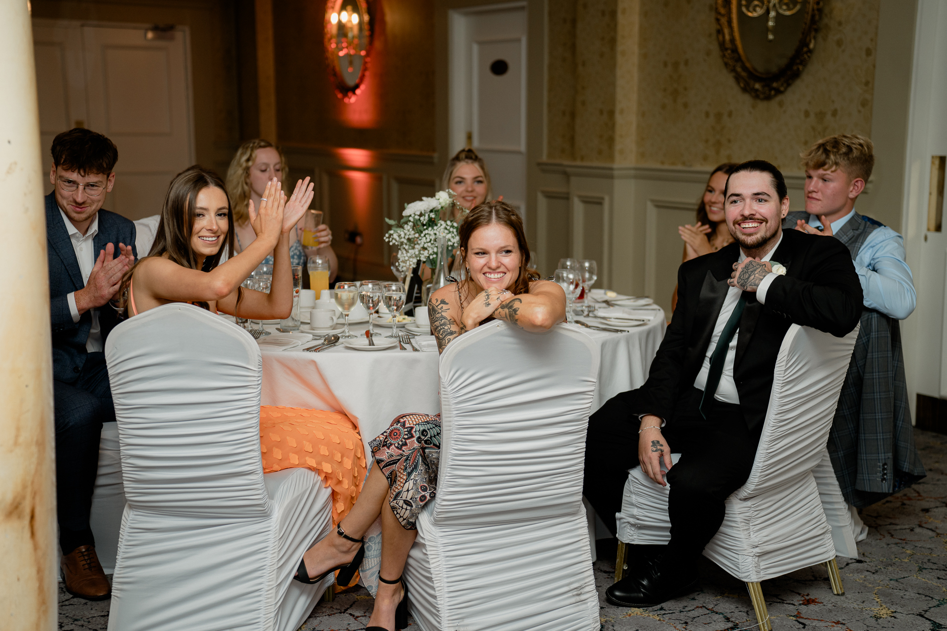 A group of people at a dinner table