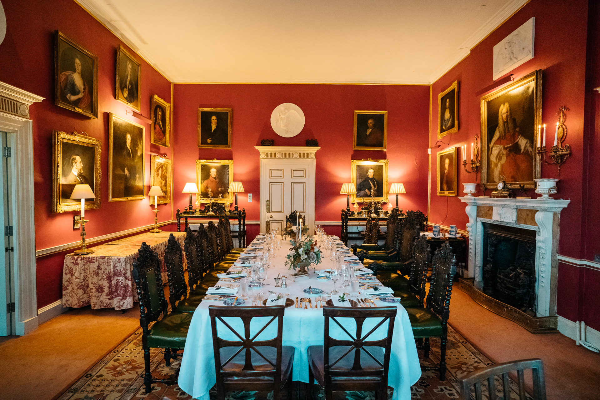 A dining room with a fireplace