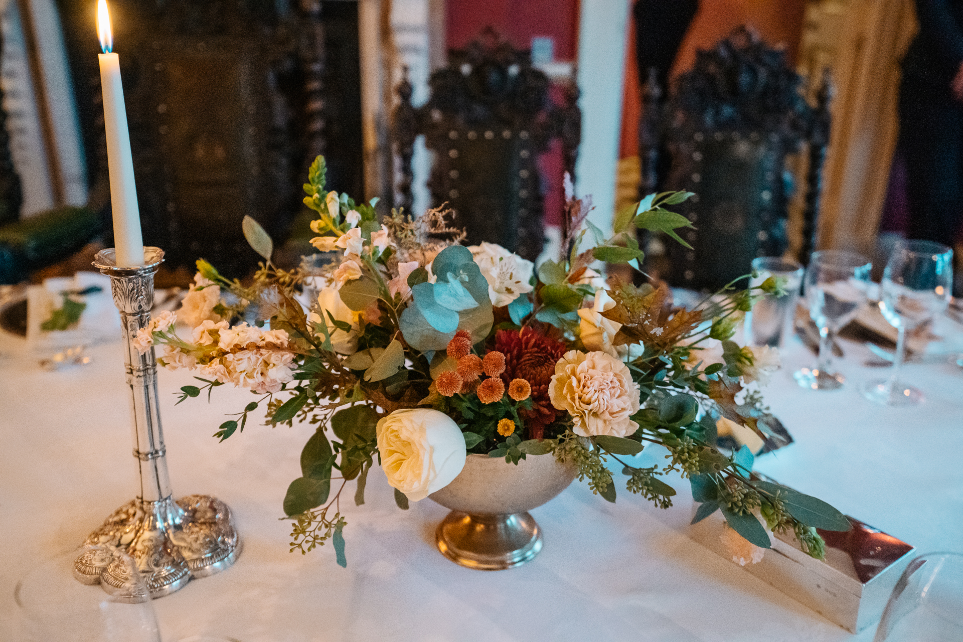 A candle and flowers on a table