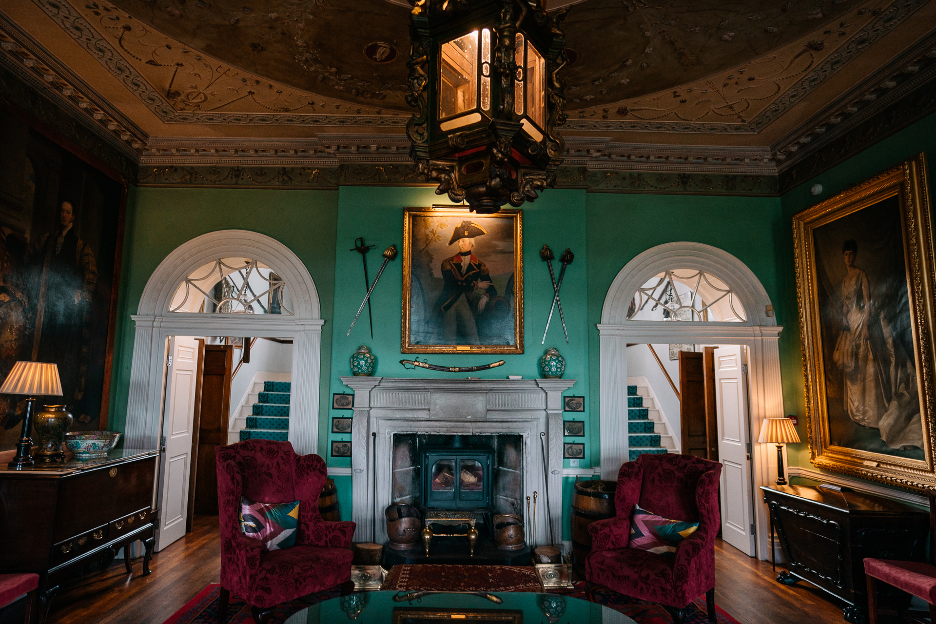 A living room with a fireplace