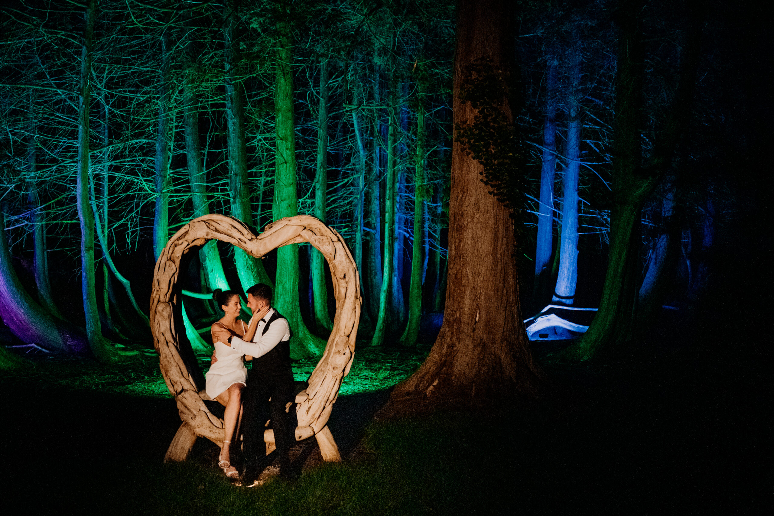 Couple at the illuminated Woodland during a winter wedding at Markree Castle