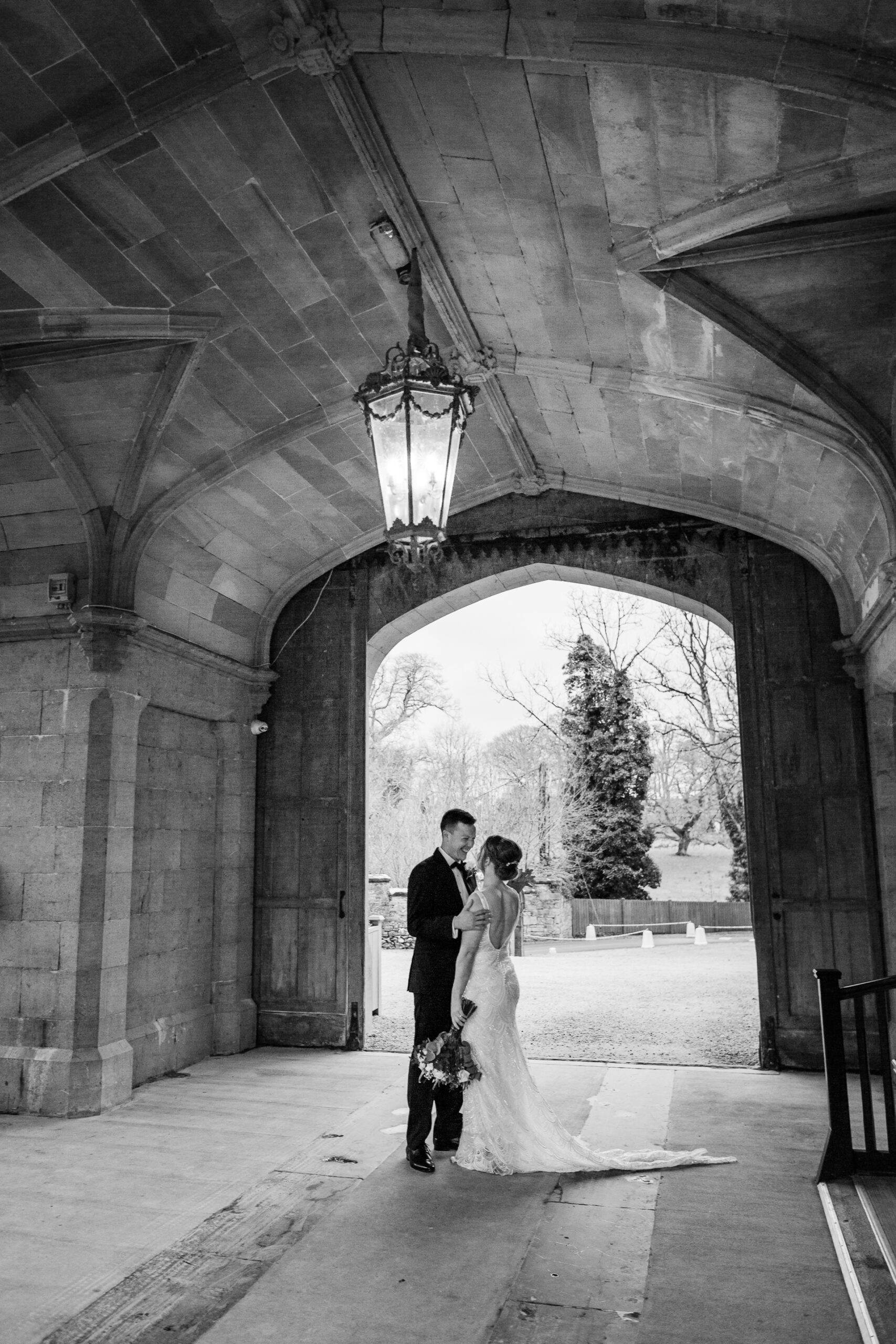 A bride and groom kissing