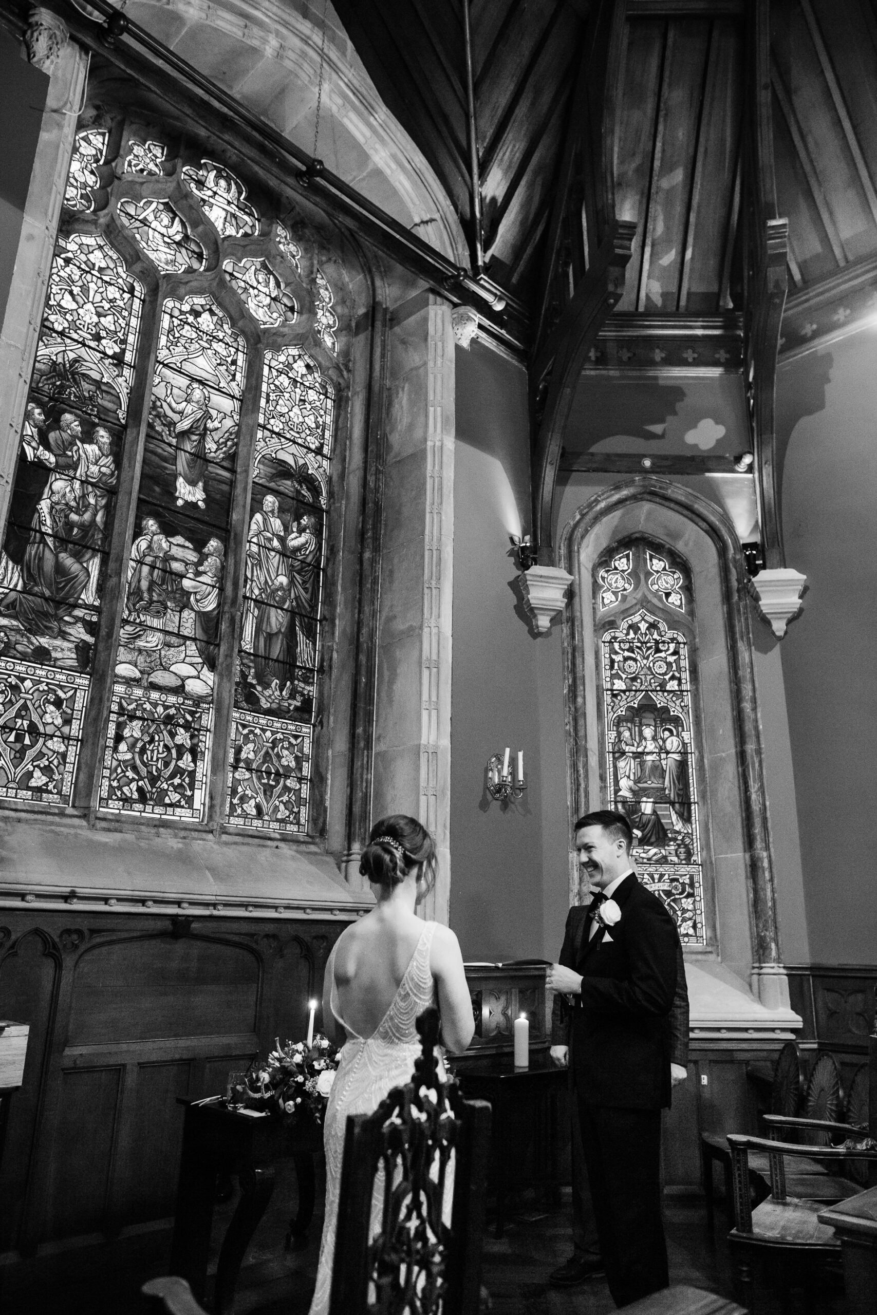 A bride and groom in a church