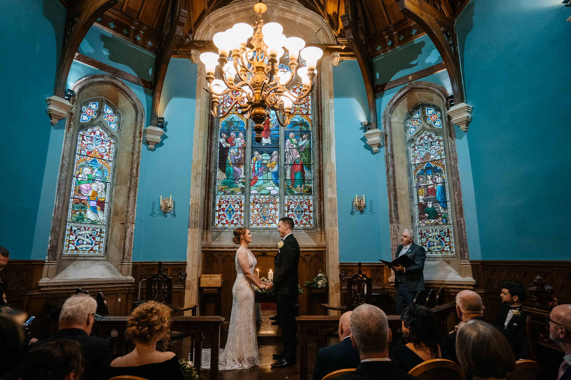 A bride and groom in a church