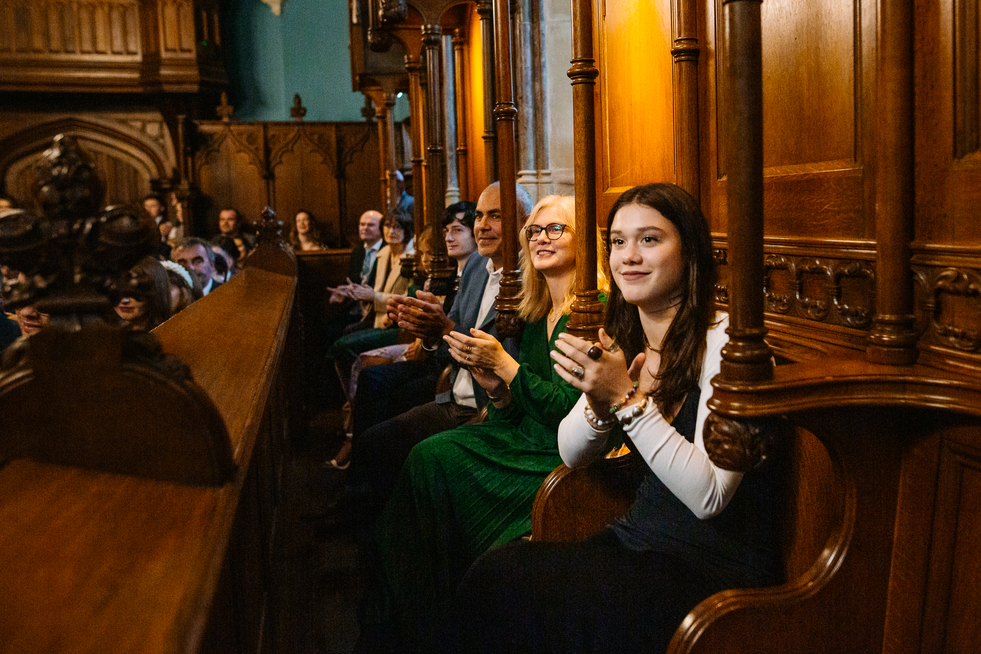 A group of people sitting in chairs