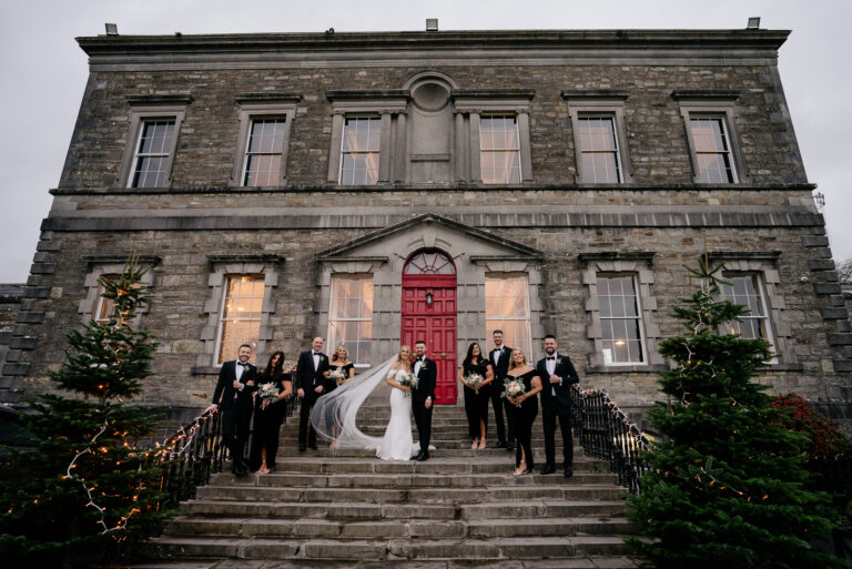 Bride and groom with their wedding party in front of Bellinter House, a historic Georgian estate in County Meath, Ireland.