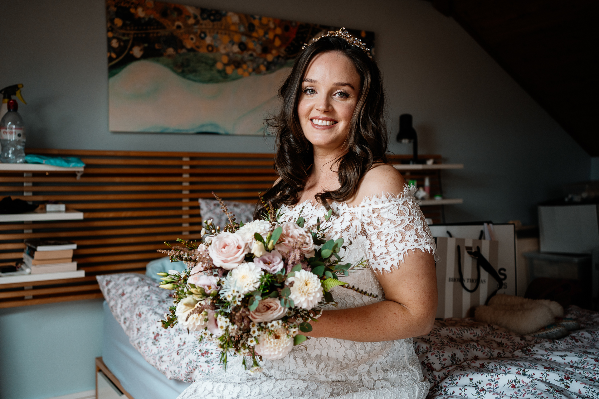 A woman holding a bouquet of flowers