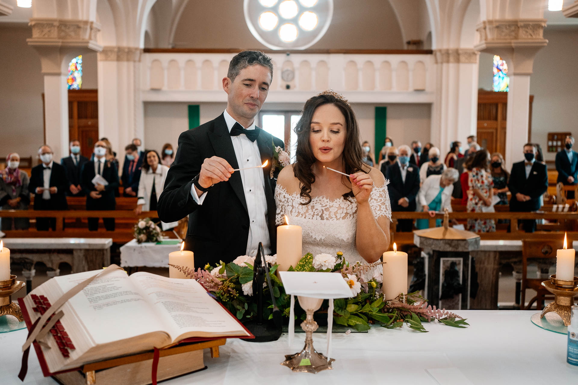 A man and woman in wedding attire