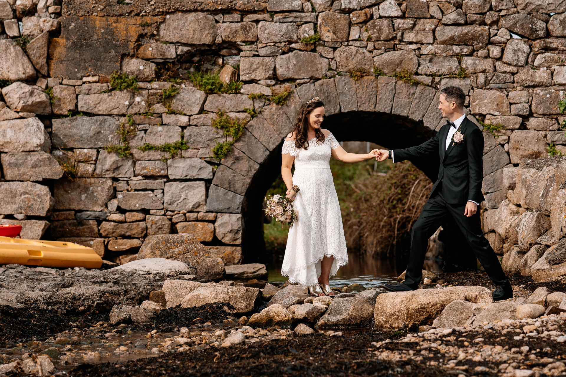 A man and woman in wedding attire