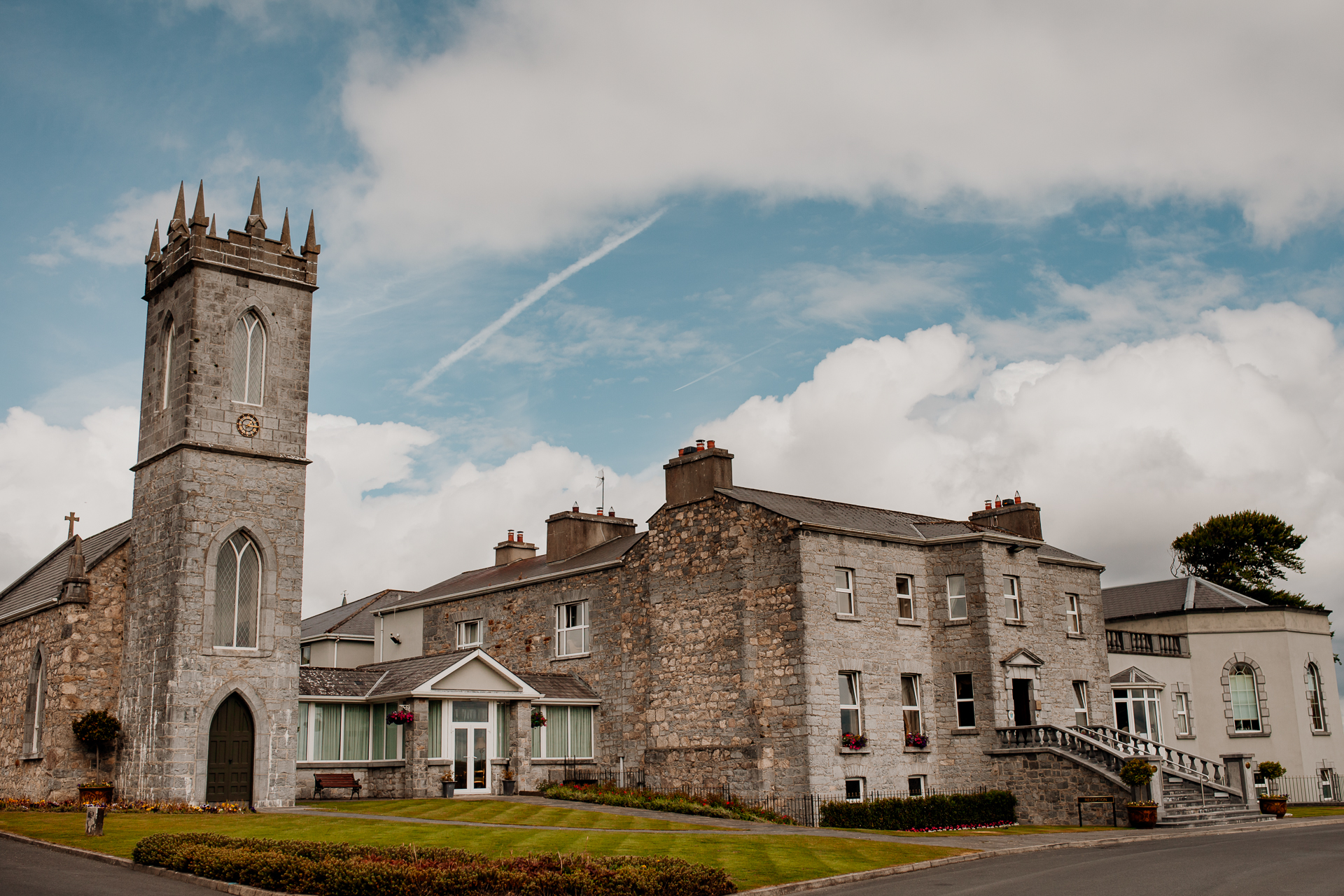 Bride and groom getting ready for their wedding at Glenlo Abbey Hotel in Galway, Ireland.