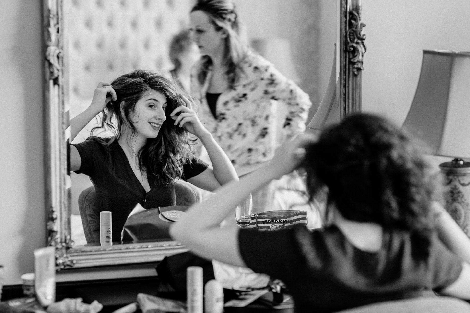 Bride and groom getting ready for their wedding at Glenlo Abbey Hotel in Galway, Ireland.