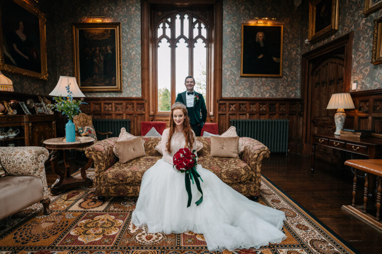 Bridal party at Markree Castle Wedding, bride and groomsmen in the cozy billiard room.