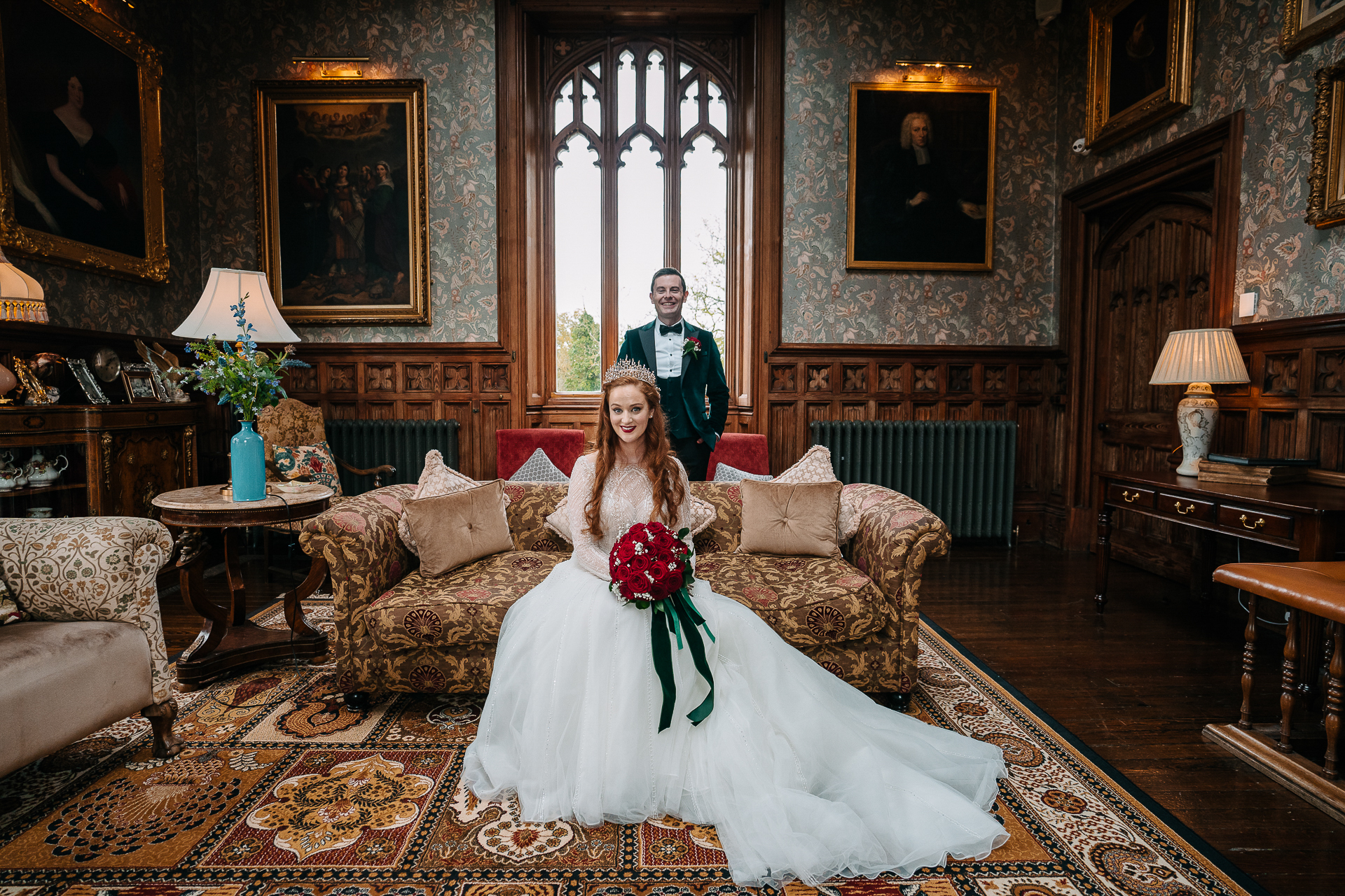 Markree Castle Wedding, bride in the castle’s elegant room with vintage furniture