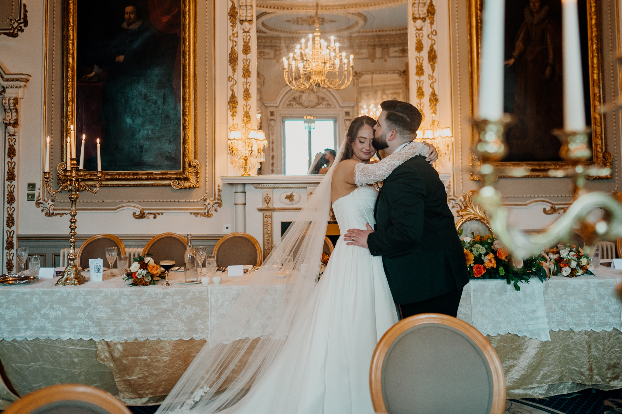 Bride and groom together in the elegant dining room at Markree Castle, Sligo