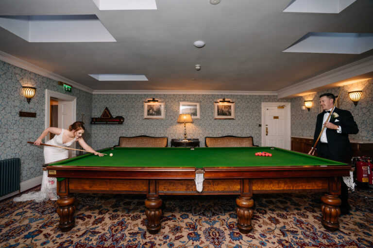Markree Castle Wedding Snooker Room - Bride and Groom Playing Snooker at Markree Castle