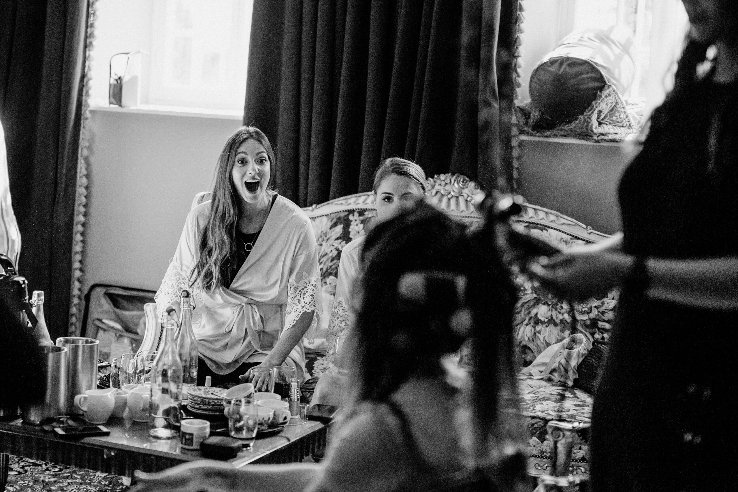 Bridesmaids enjoying relaxed breakfast and morning prep at Markree Castle – candid destination wedding in Ireland