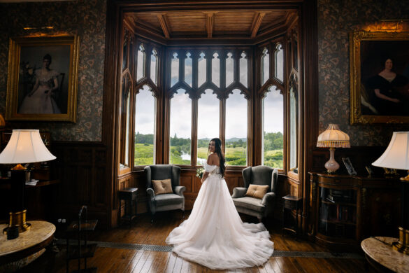 Bridal portrait in the Billiard Room at Markree Castle, with soft natural light and castle window backdrop