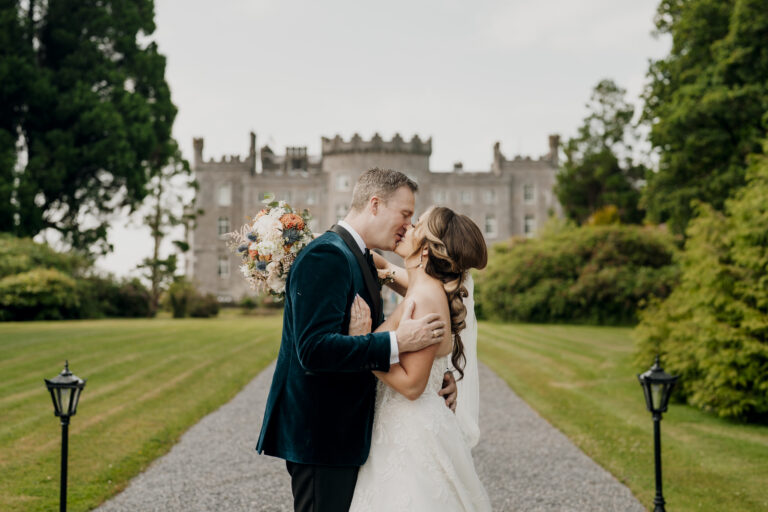 Bride and groom in the gardens at Markree Castle in Sligo