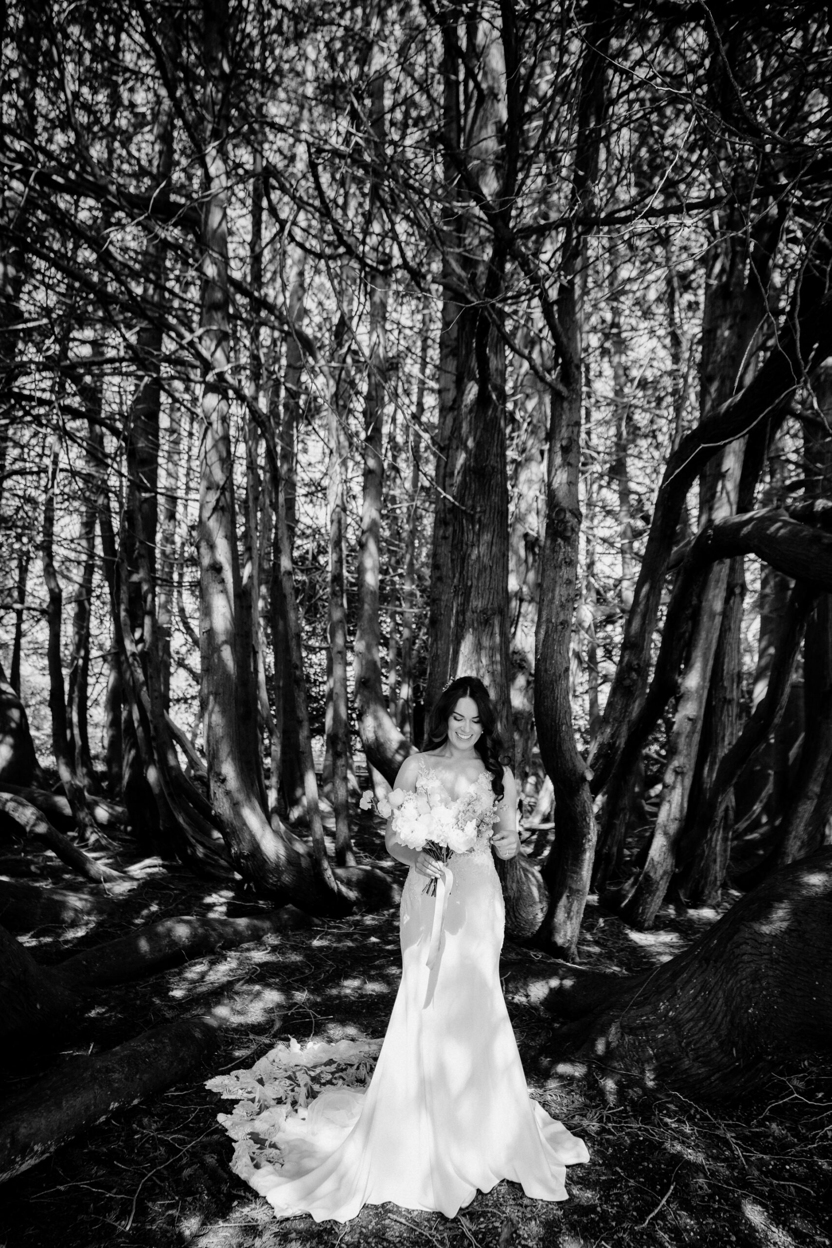 Black and white bridal portrait in the forest at Markree Castle, perfect for elopements in Ireland.