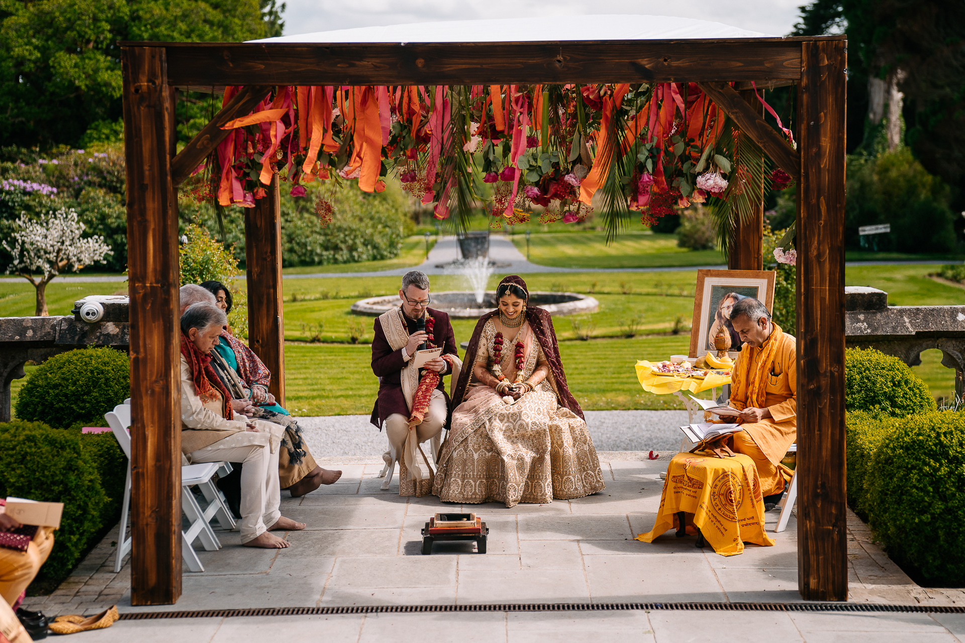 Close-up of Indian wedding mandap setup at Markree Castle – outdoor Hindu ceremony with traditional decor in Ireland