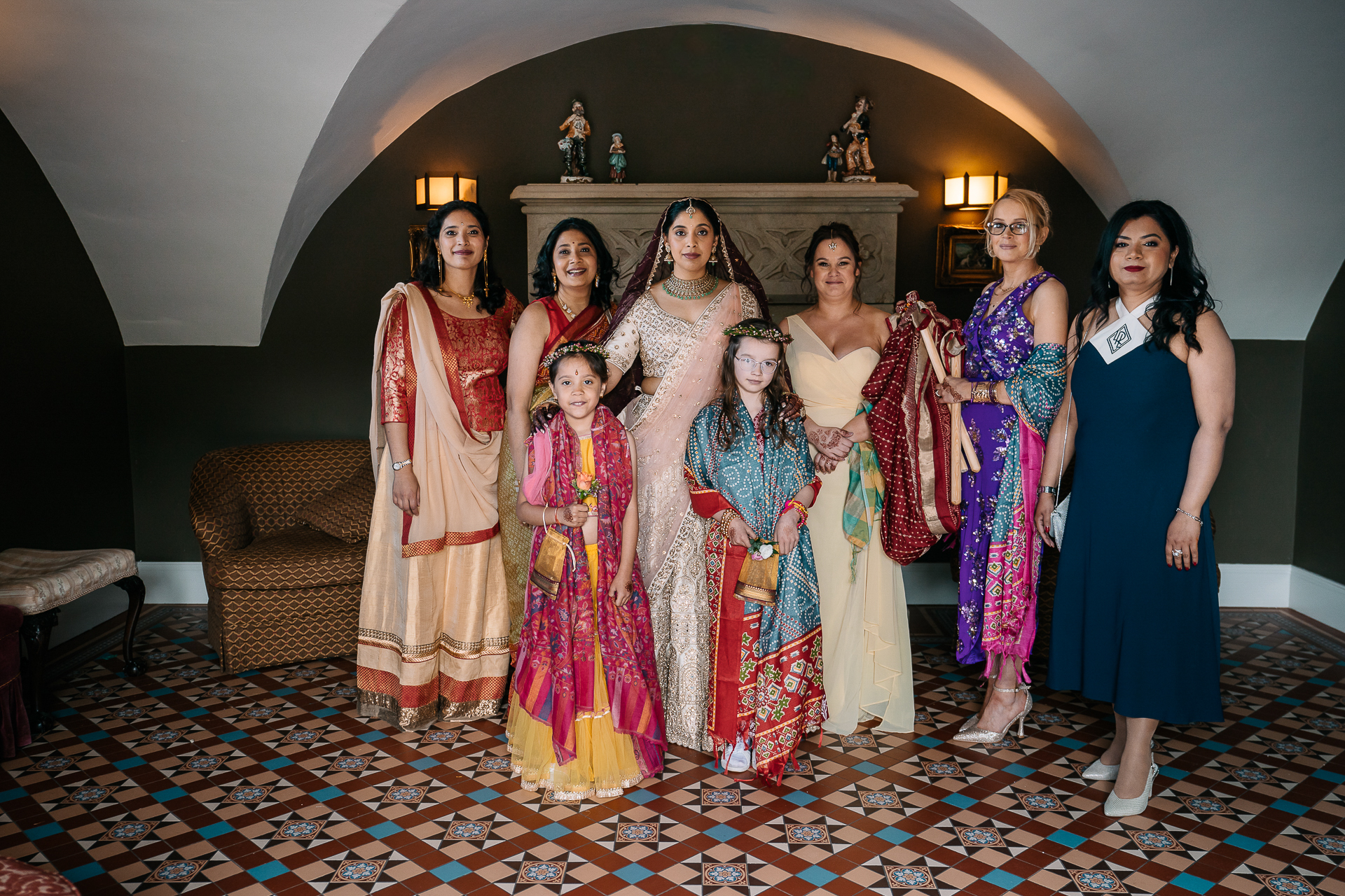 Indian bridesmaids wearing colourful traditional dresses at Markree Castle