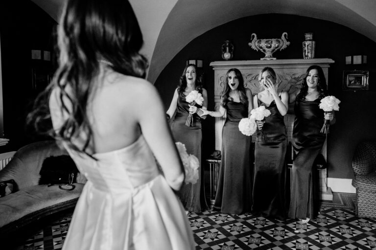 Bridesmaids reacting emotionally during the bride’s first look at Markree Castle in Ireland
