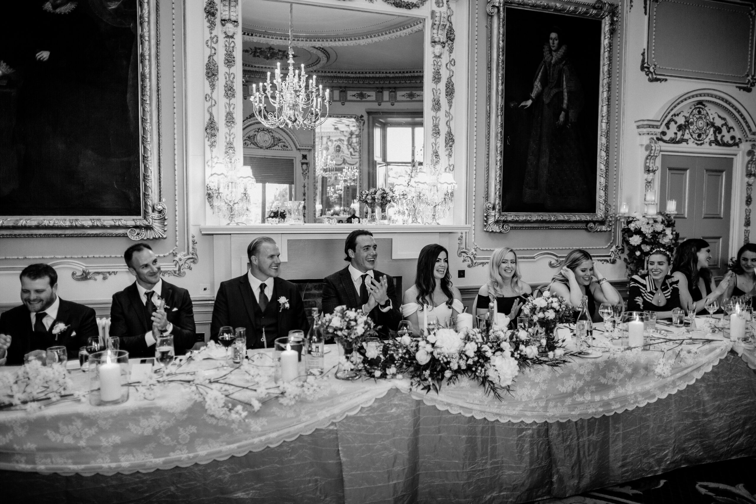 Wedding dinner at Markree Castle dining room – guests seated at a long, elegant table under classic decor
