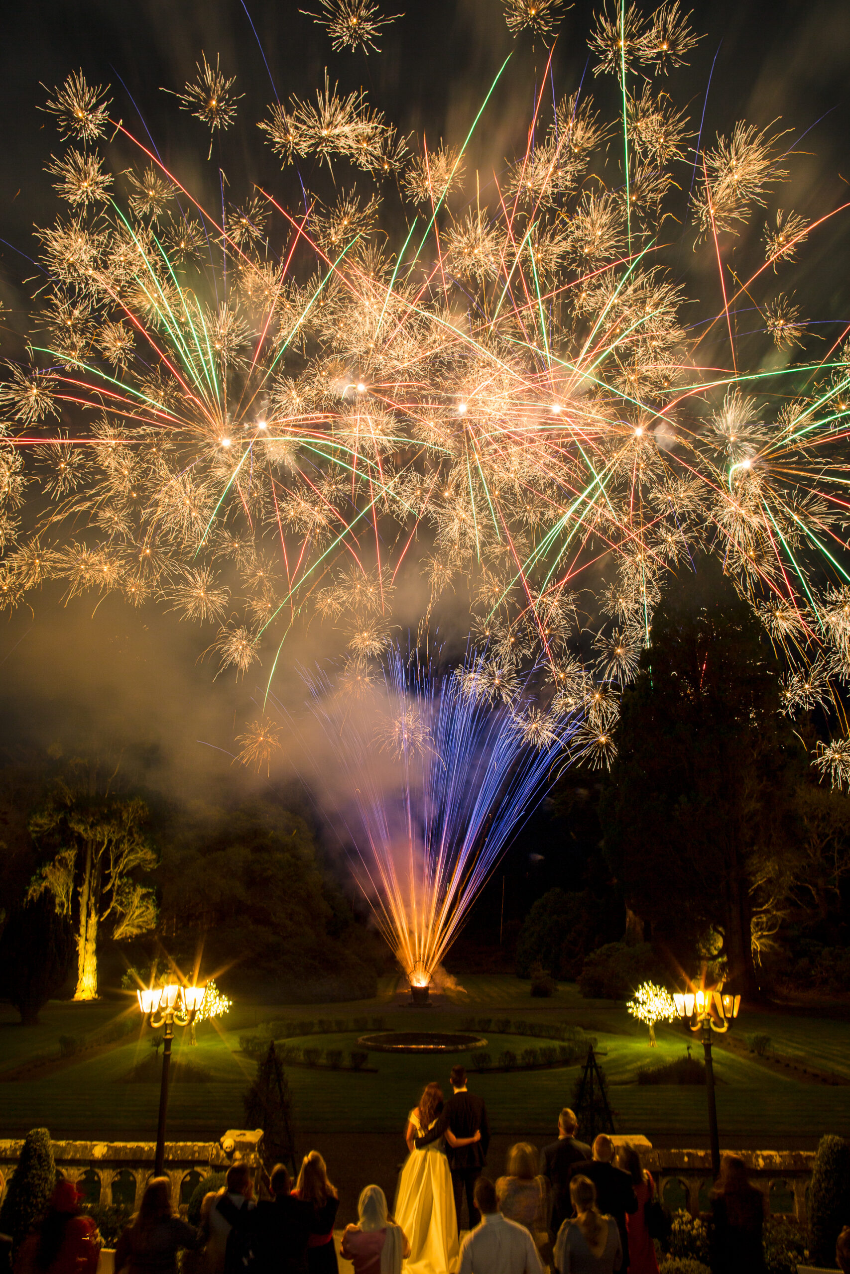 Fireworks lighting up the night sky during a wedding celebration at Markree Castle, captured by a Castle Wedding Photographer Ireland.


