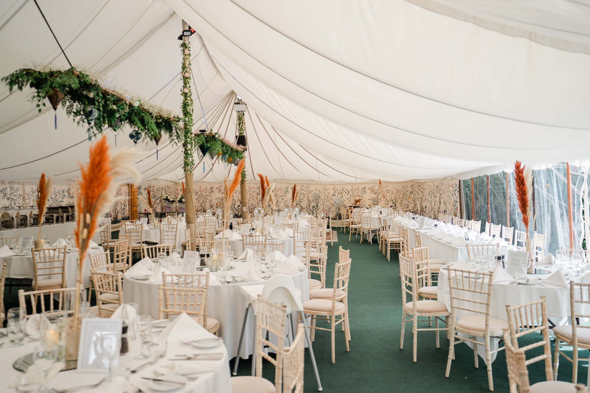 Elegant wedding reception table setup inside marquee at Martinstown House in Ireland
