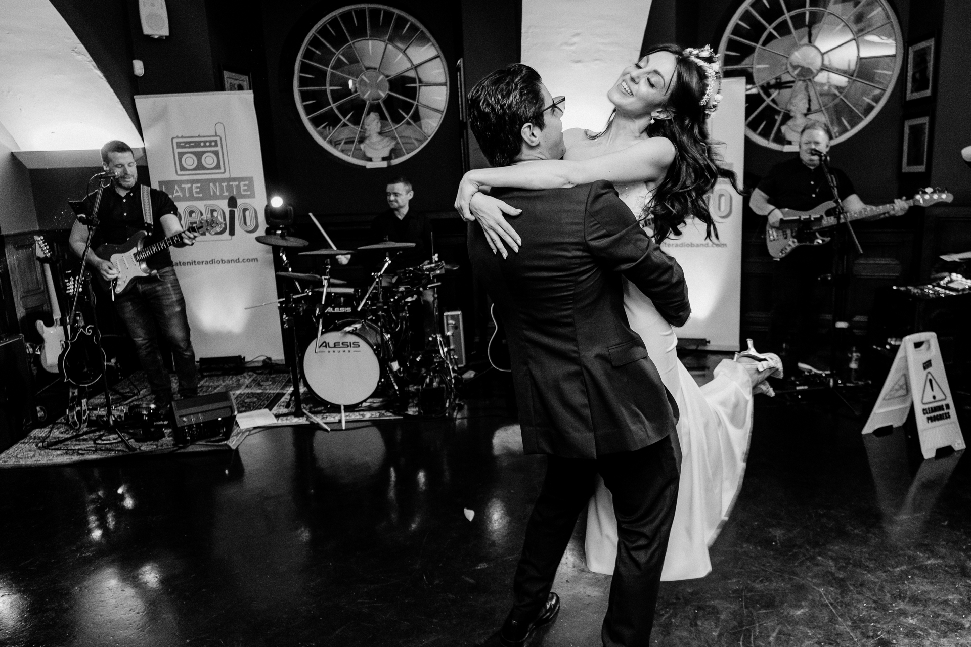 Bride and groom dancing together during the evening wedding reception at Markree Castle’s indoor dance floor
