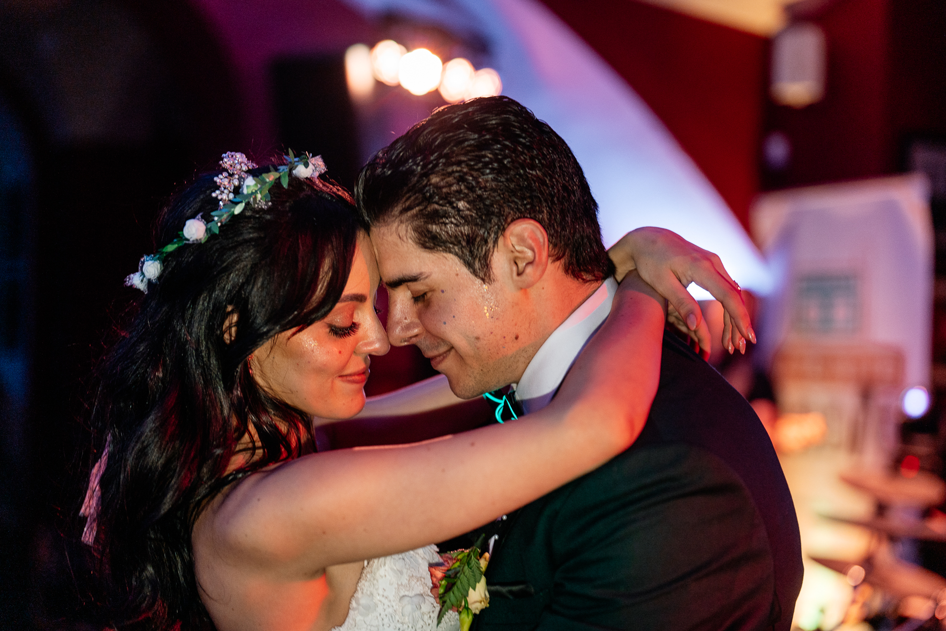 Bride and groom sharing an emotional dance during the evening wedding reception at Markree Castle