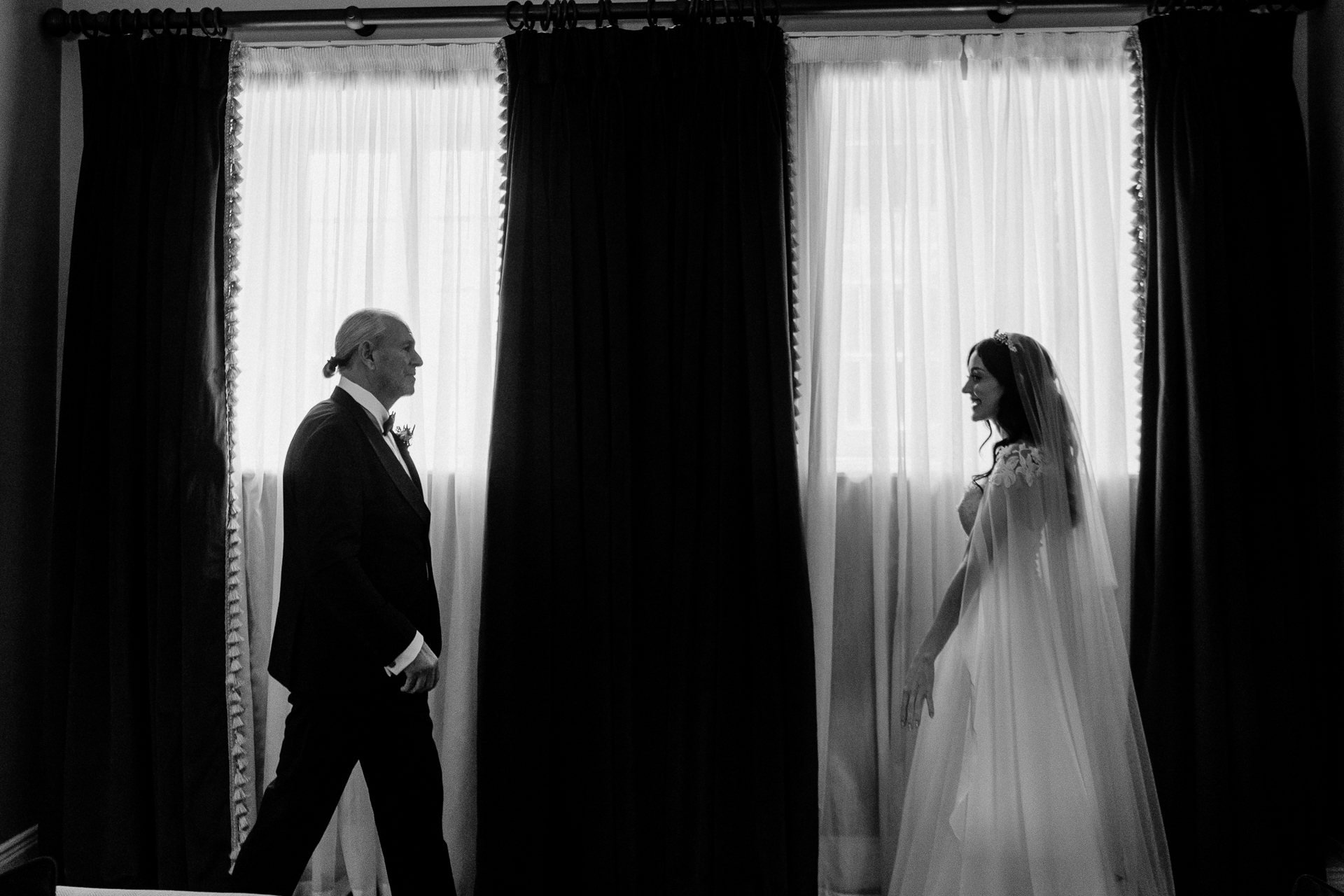 Emotional first look between bride and father in bridal suite at Markree Castle