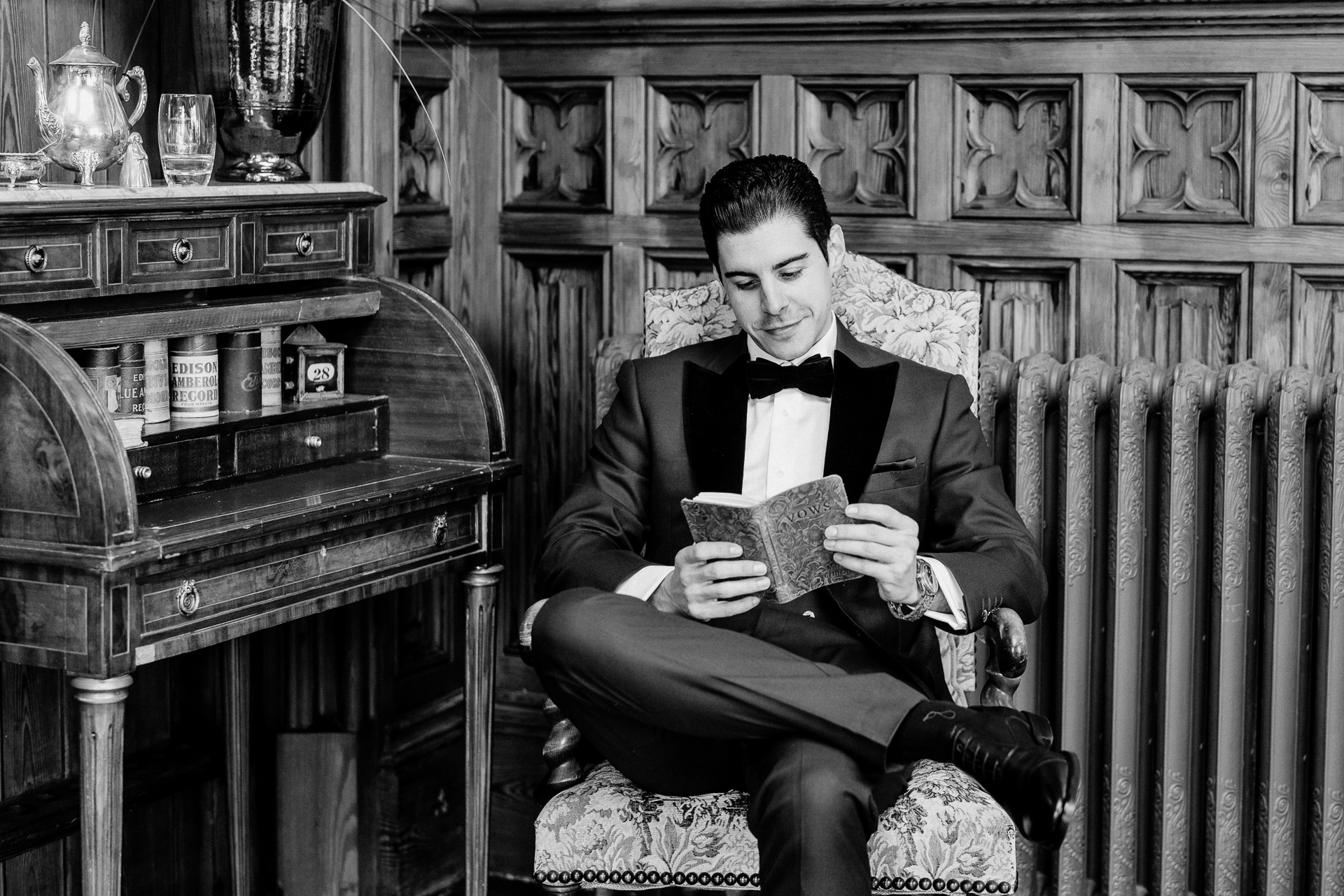 Groom getting ready in the Butler’s Room at Markree Castle before the wedding ceremony