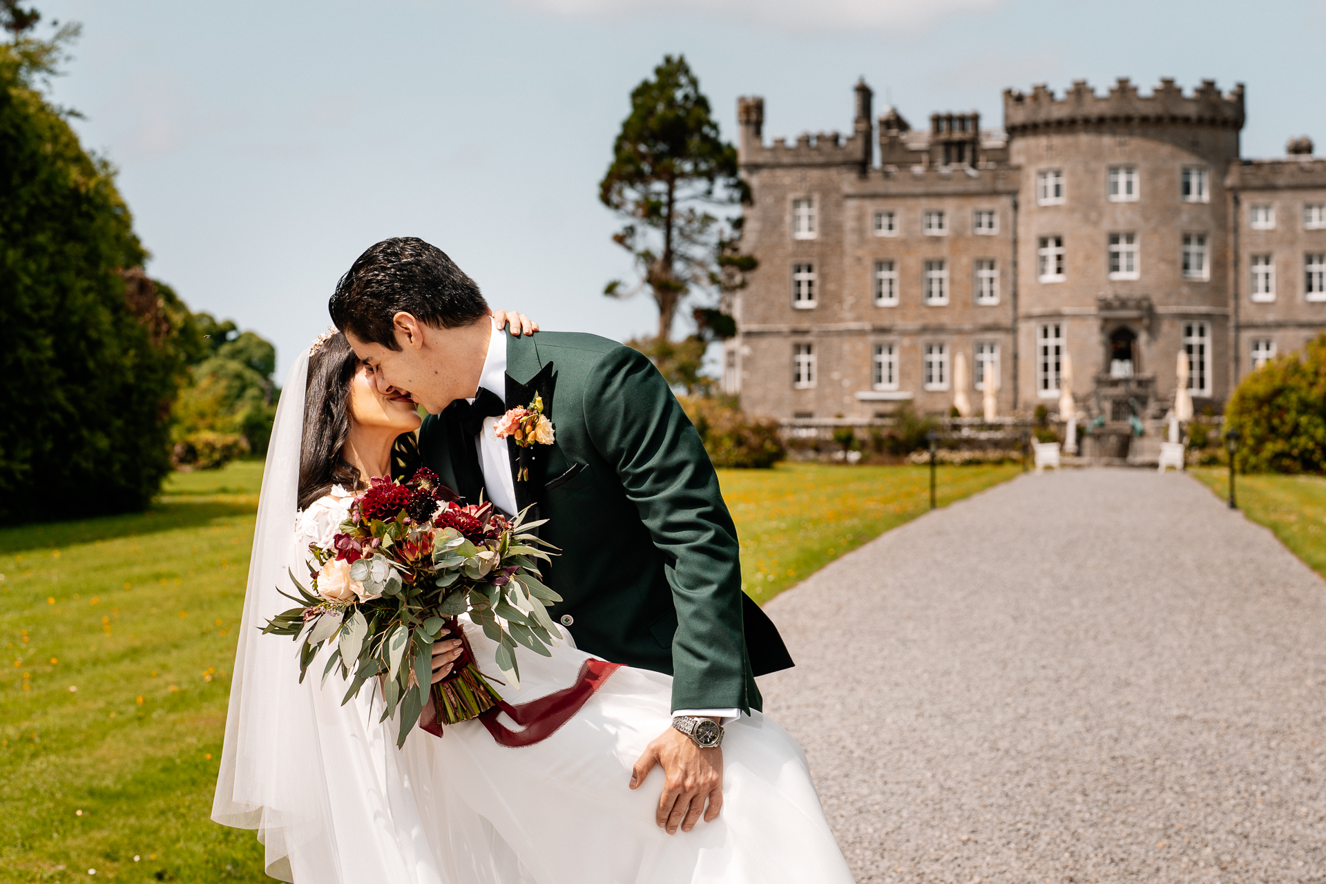 Bride and groom seeing each other for the first time during a first look by the river at Markree Castle