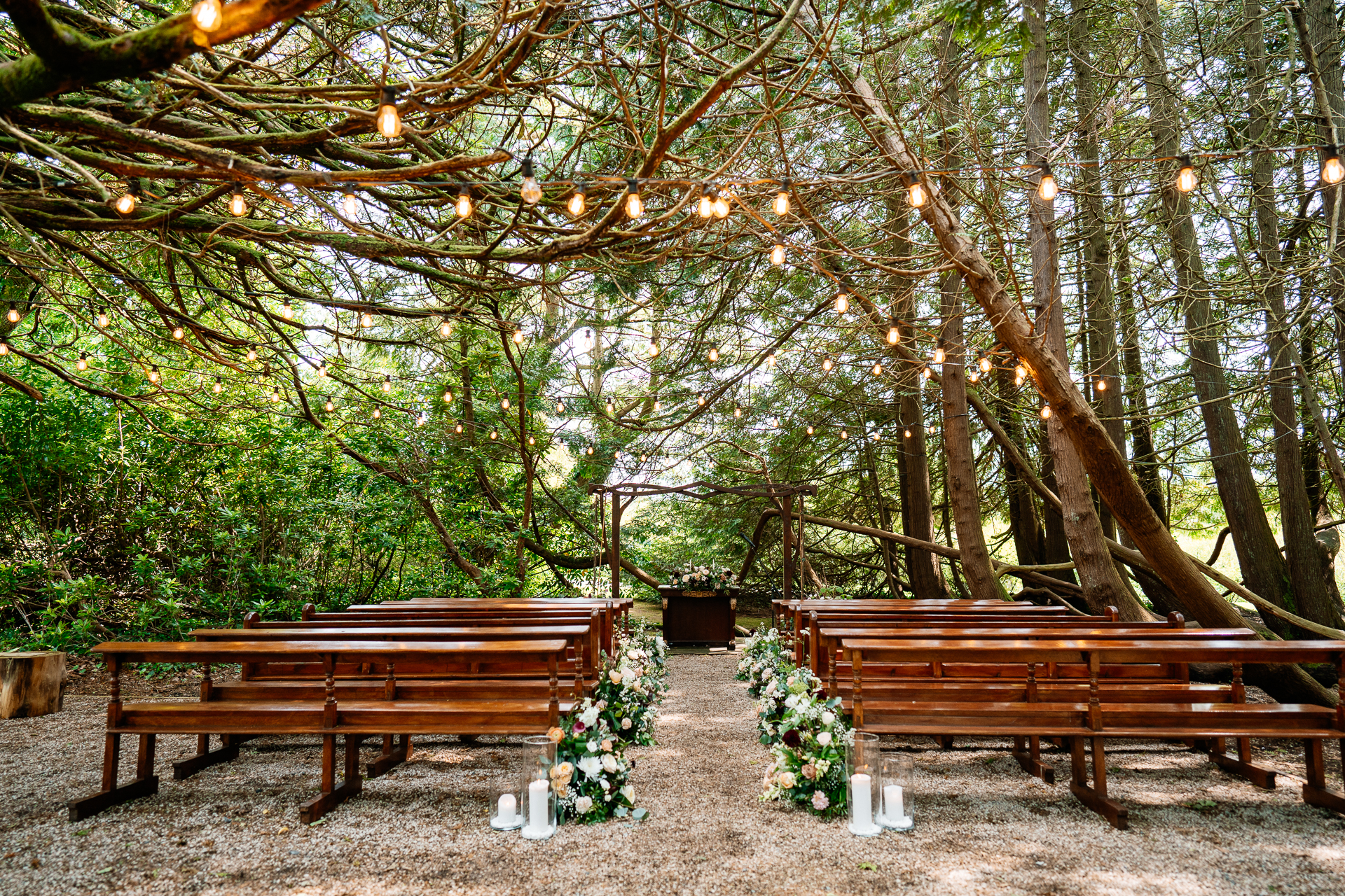 Bride and groom exchanging vows during a woodland ceremony in the forest clearing at Markree Castle