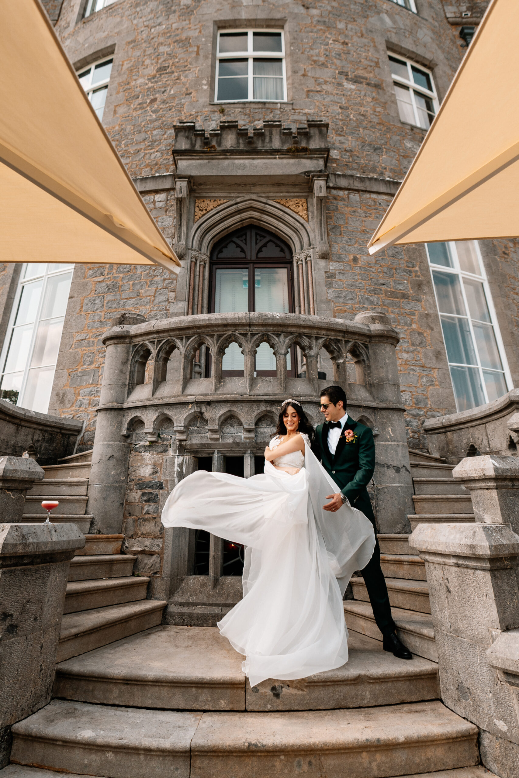 Guests enjoying an outdoor wedding reception on the garden terrace at Markree Castle