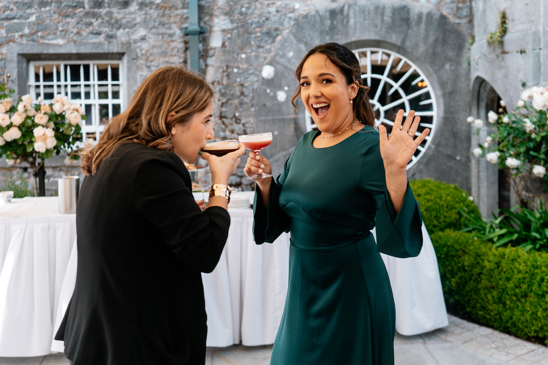 Guests enjoying an outdoor wedding reception on the garden terrace at Markree Castle