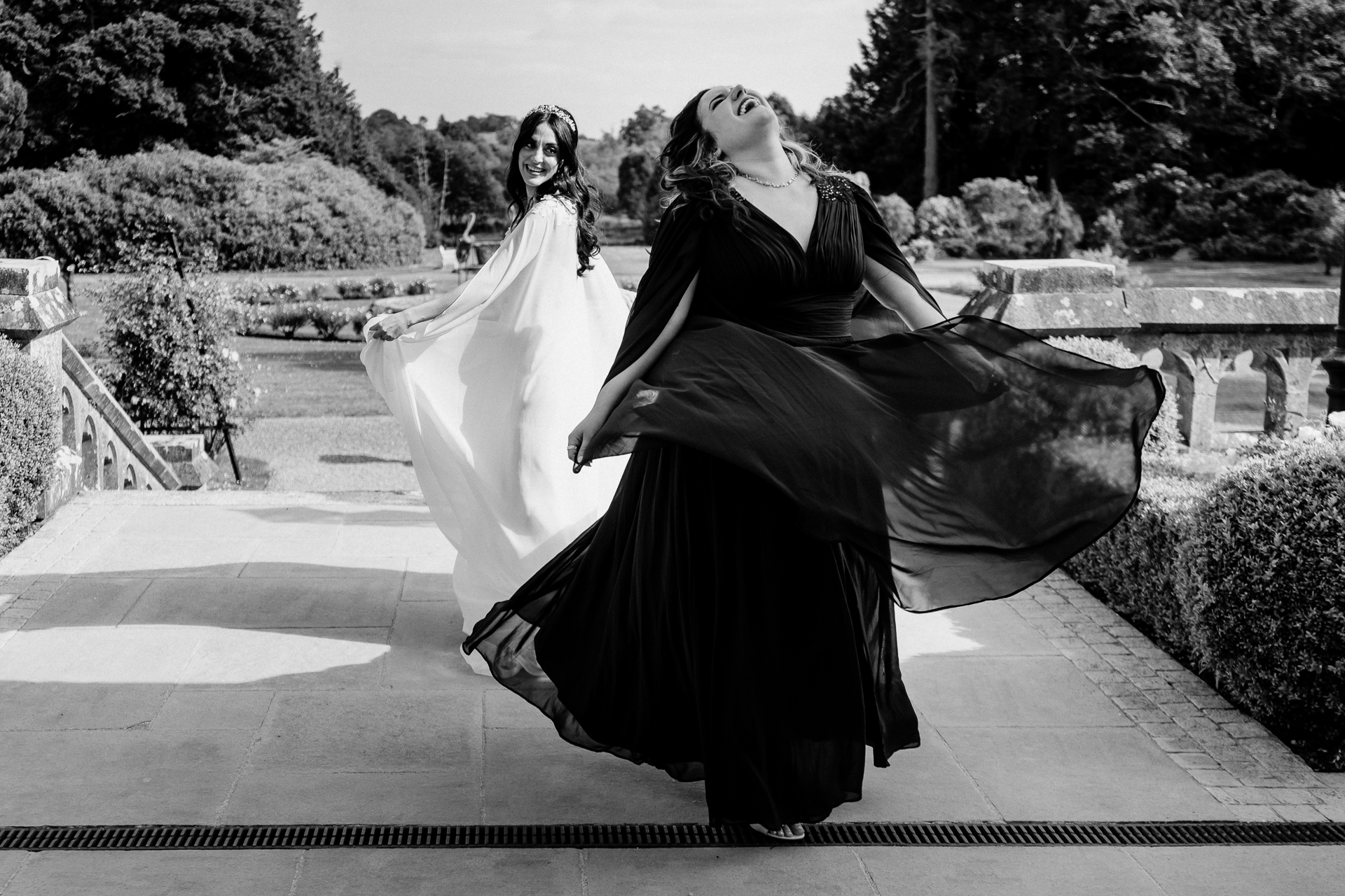 Guests enjoying an outdoor wedding reception on the garden terrace at Markree Castle