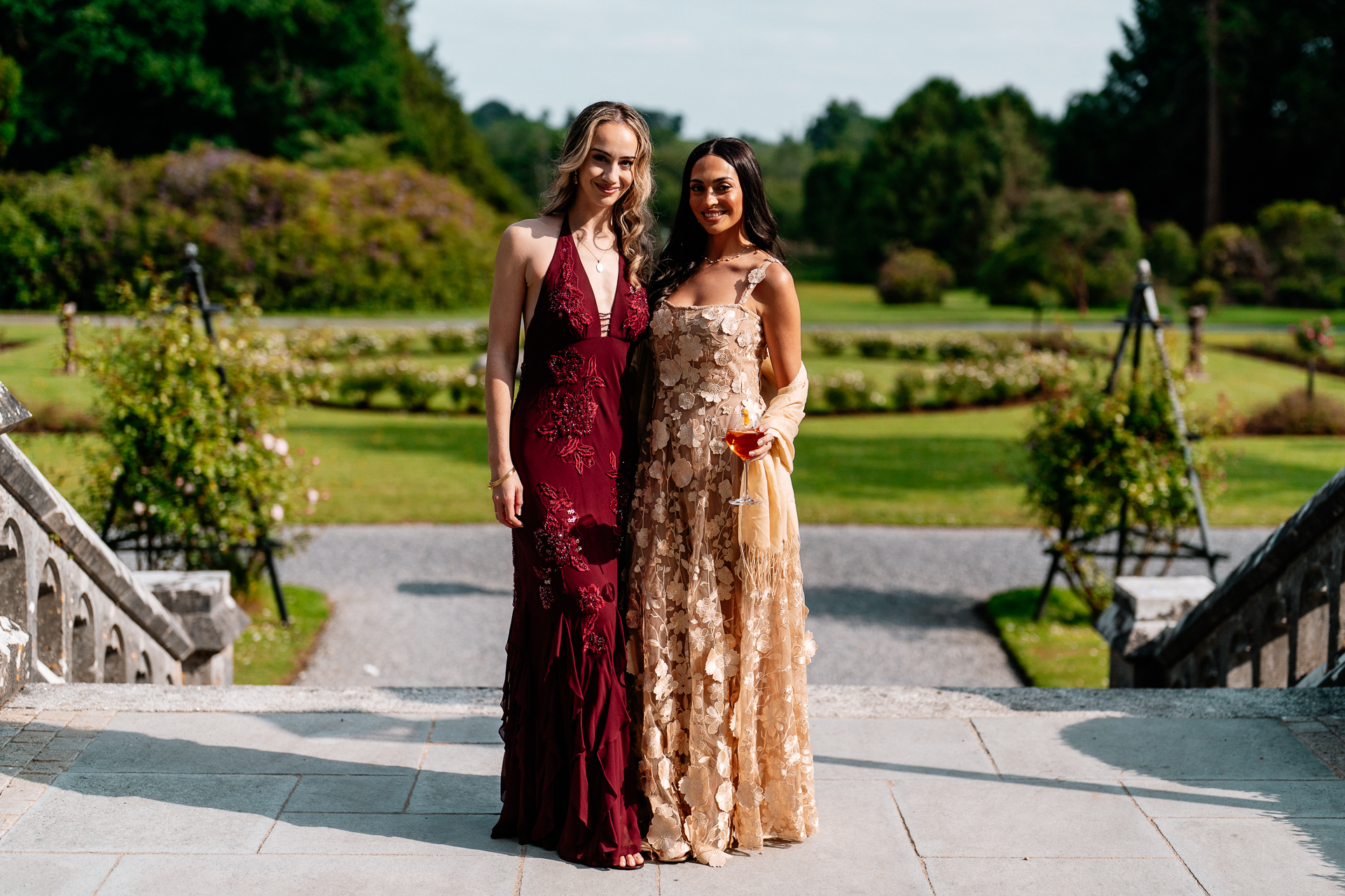 Guests enjoying an outdoor wedding reception on the garden terrace at Markree Castle